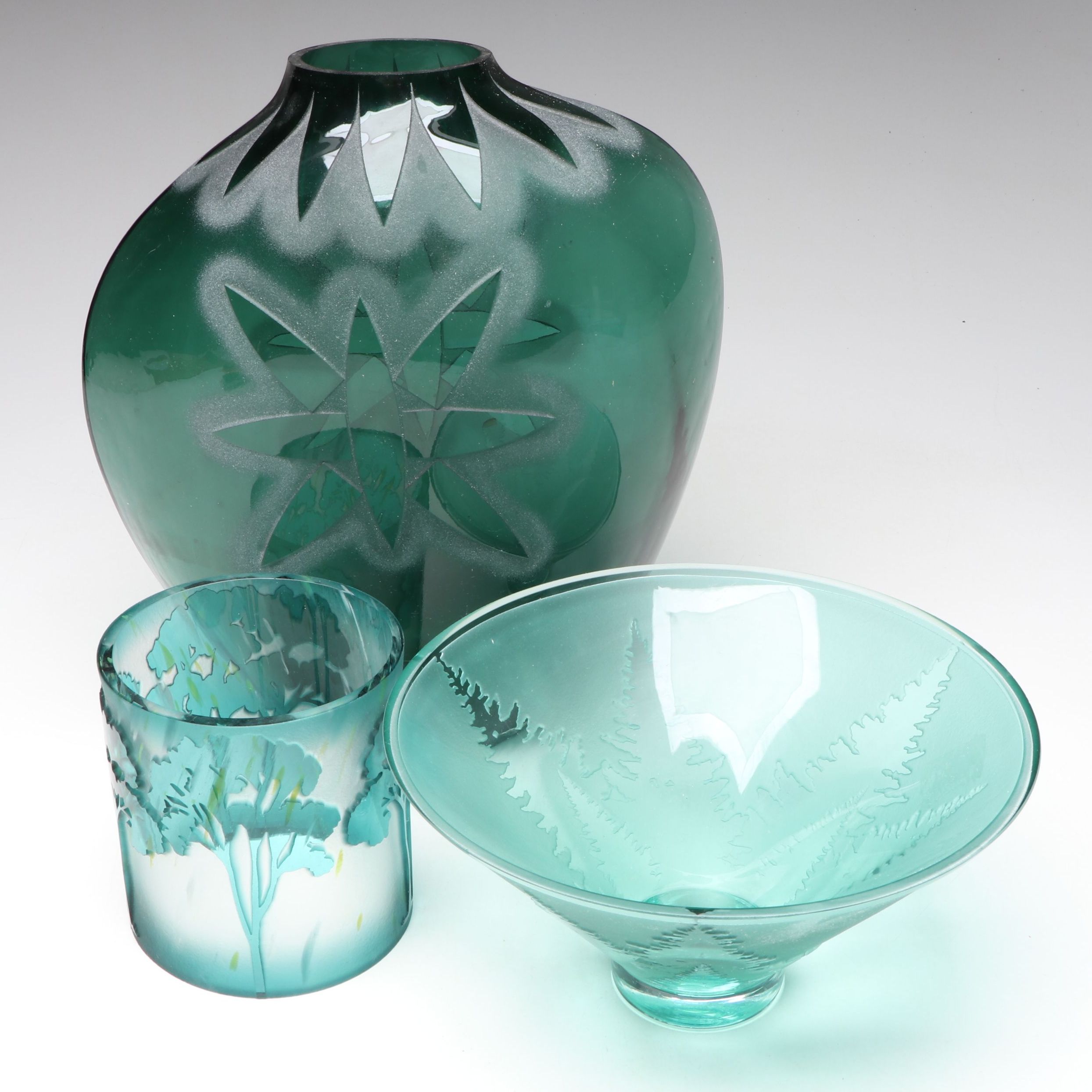 Kelsey Murphy for Pilgrim Etched Green Glass Vase with Bowl and Other Décor