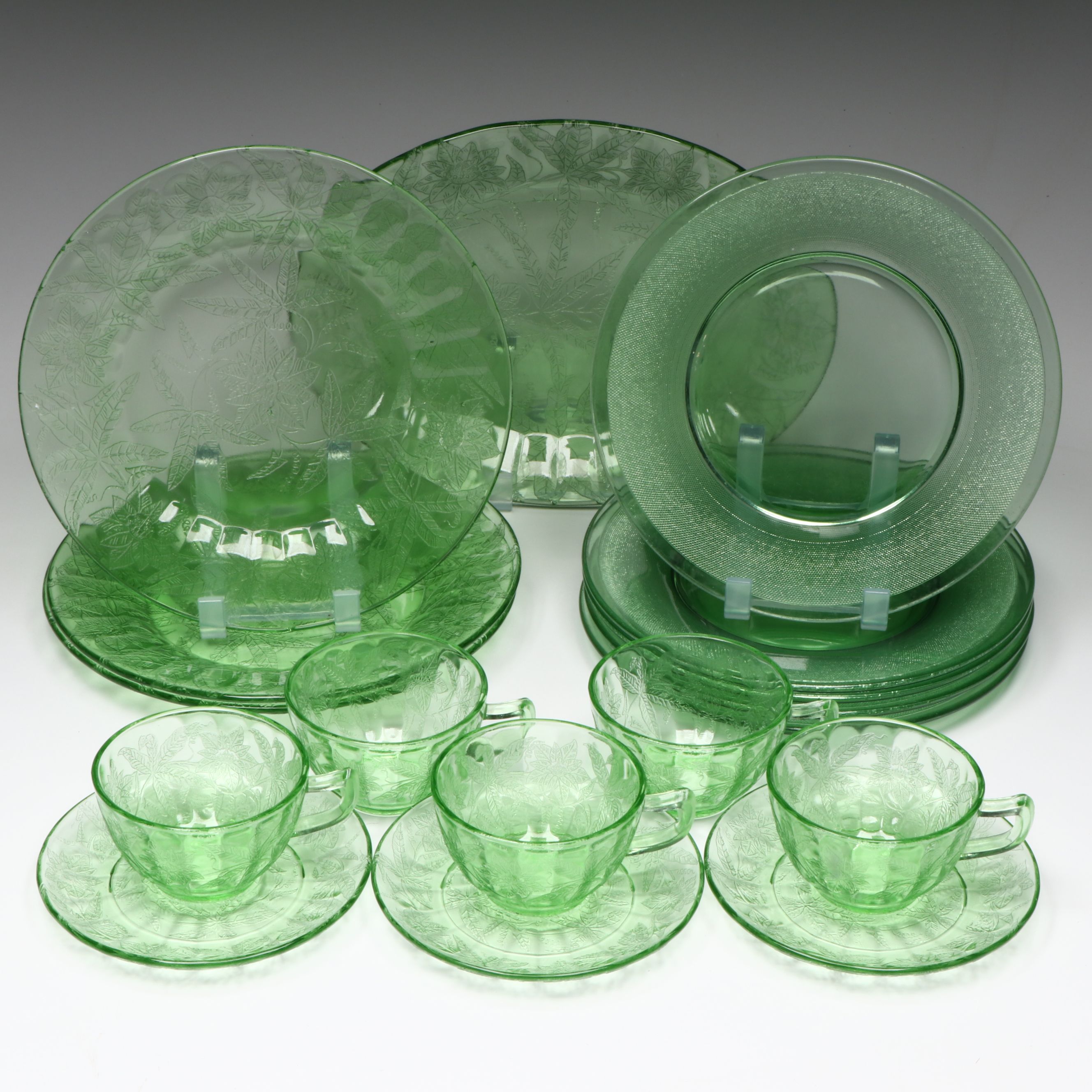 Jeannette "Floral Green" Vaseline Depression Glass Dinnerware and Other Plates