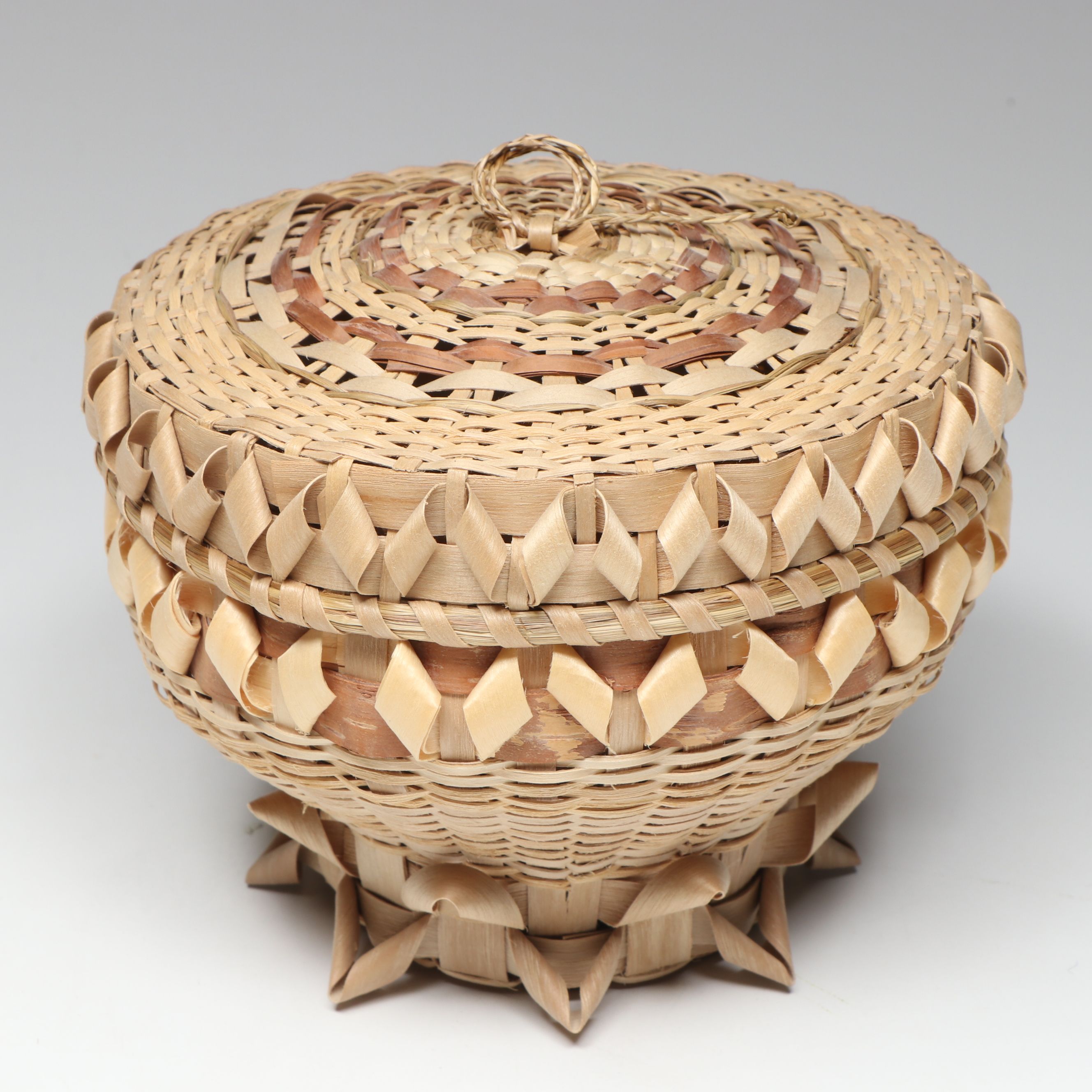 Rose Ann Bernard with Other Sweetgrass and White Ash Mi'kmaq Lidded Basket