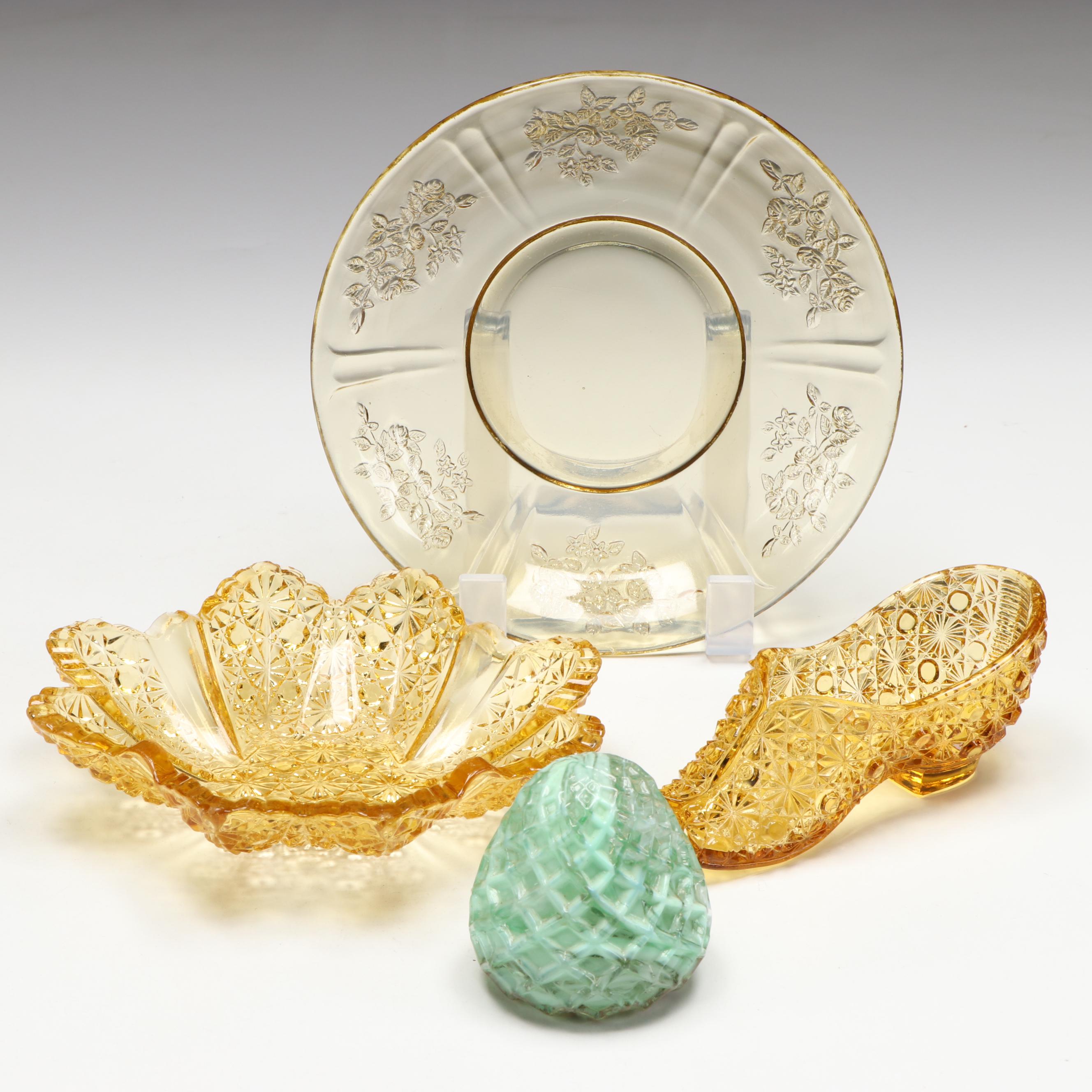 Federal Glass "Sharon Amber" Glass Plate with Other Glass Table Accessories