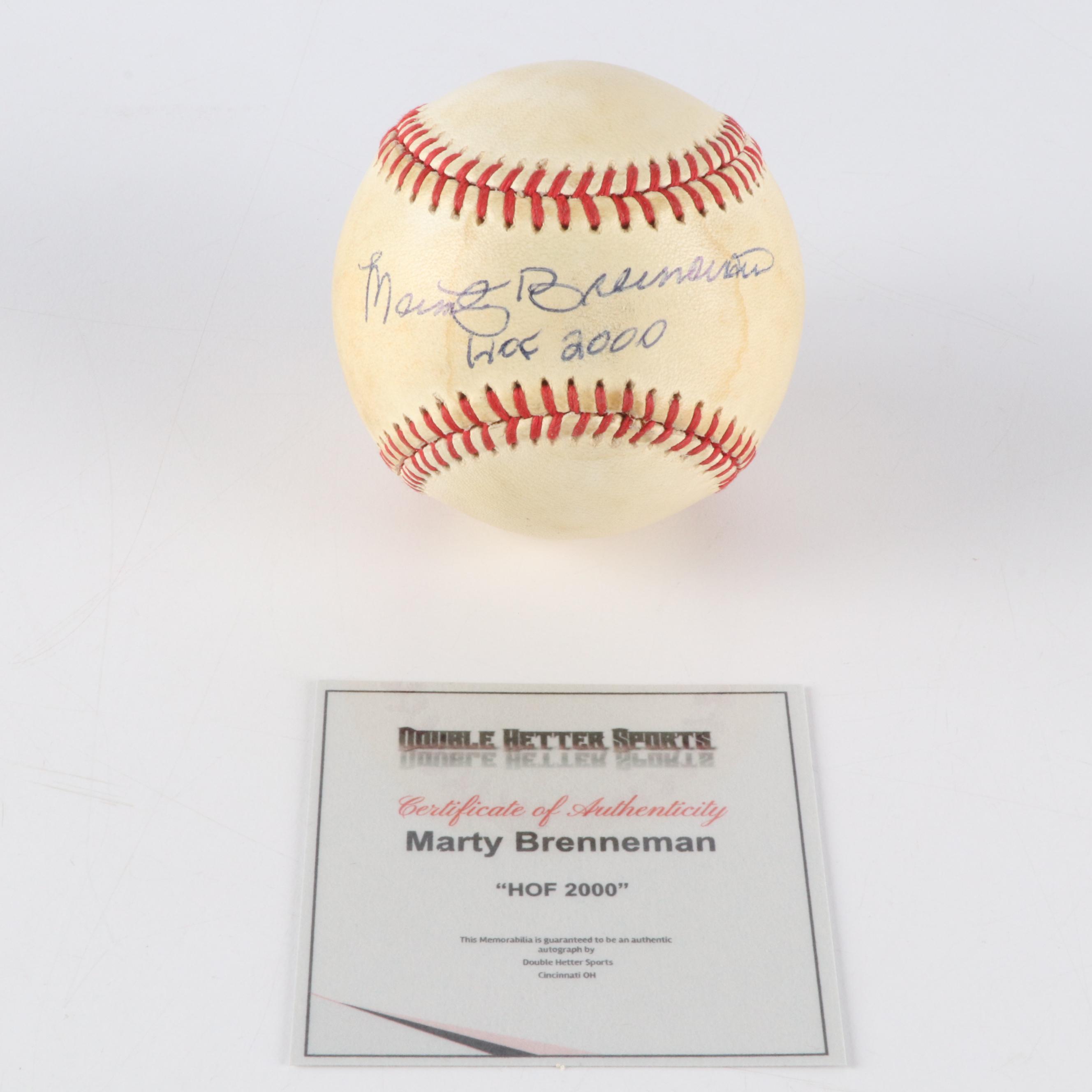 Marty Brennaman Signed Rawlings Baseball and Signed Microphone Display