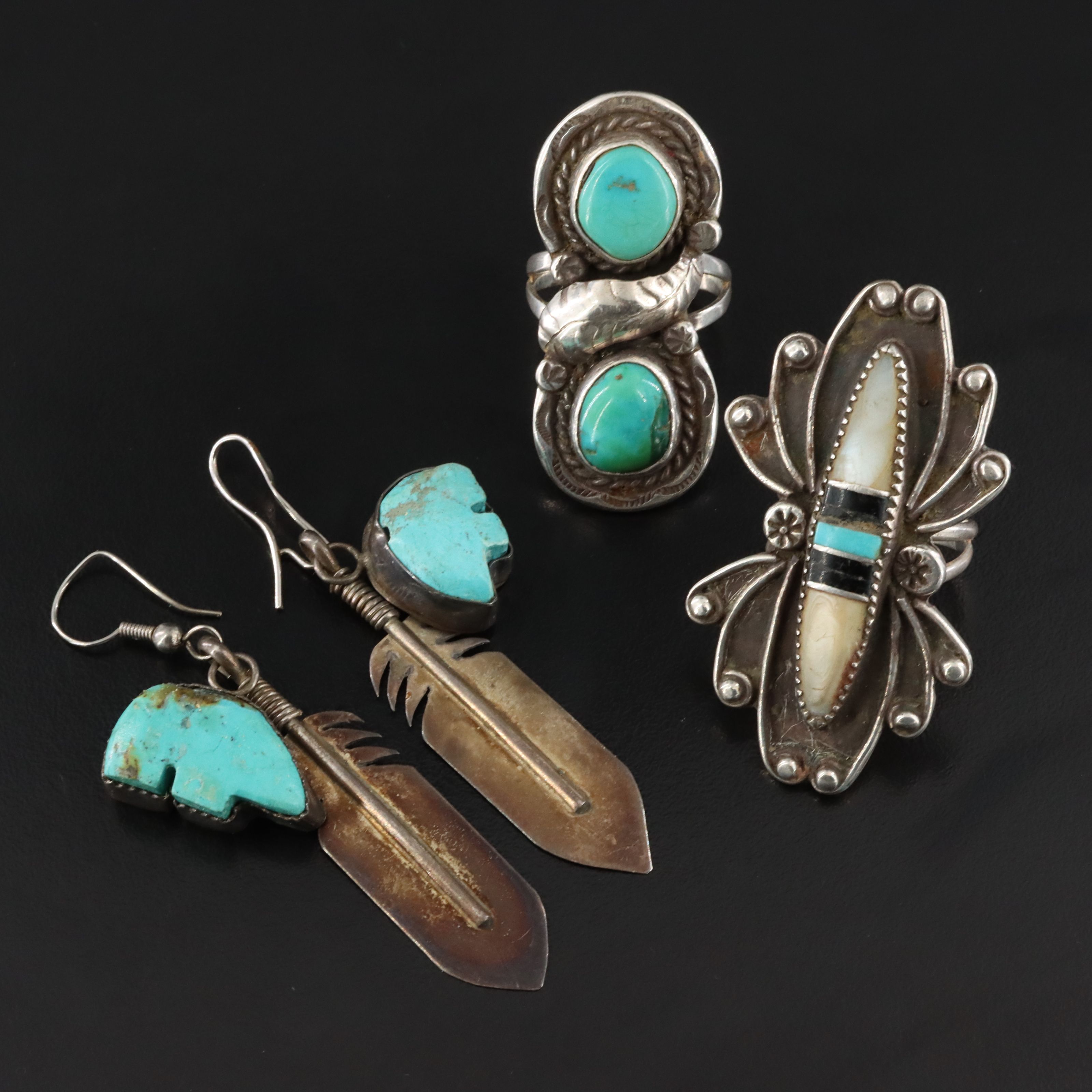 Southwestern Sterling Mother-of-Pearl, Turquoise & Obsidian Rings and Earrings