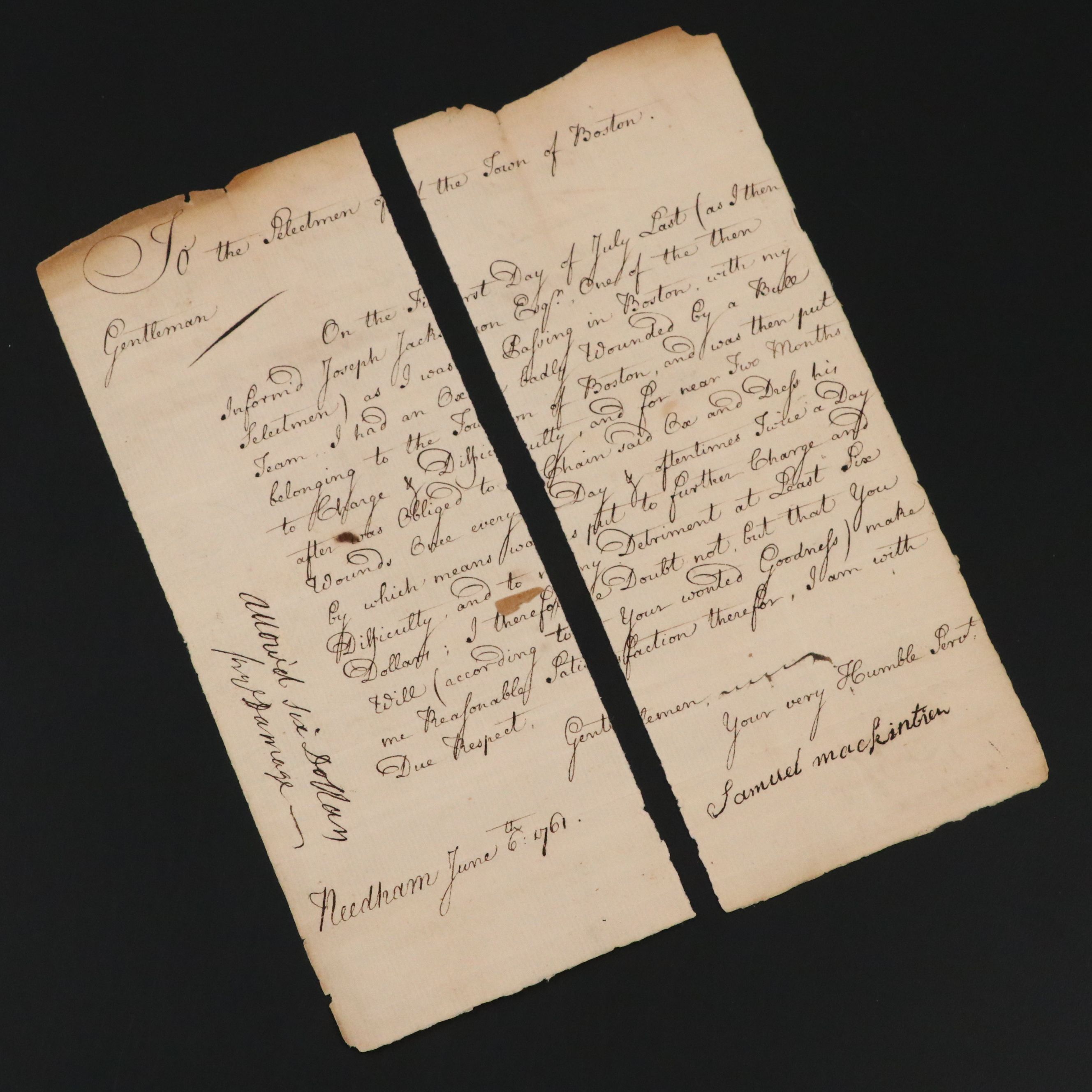 Antique 1761 Colonial Boston Petition Letter to Selectmen