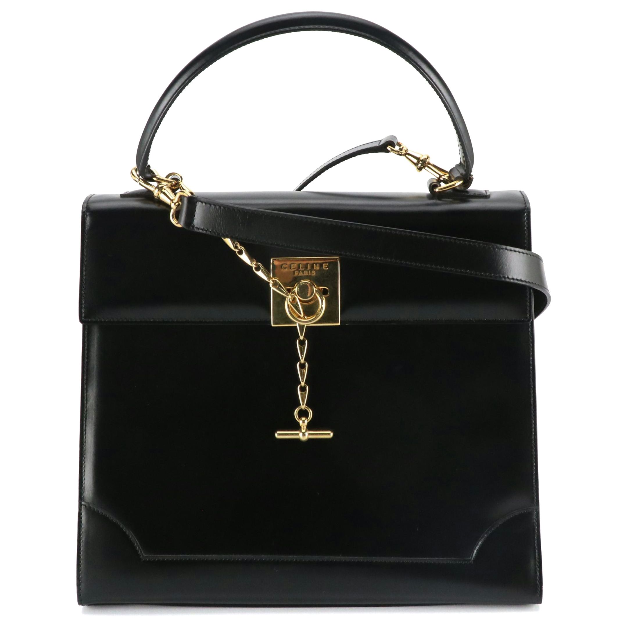 Celine Top Handle Two-Way Handbag in Black Leather