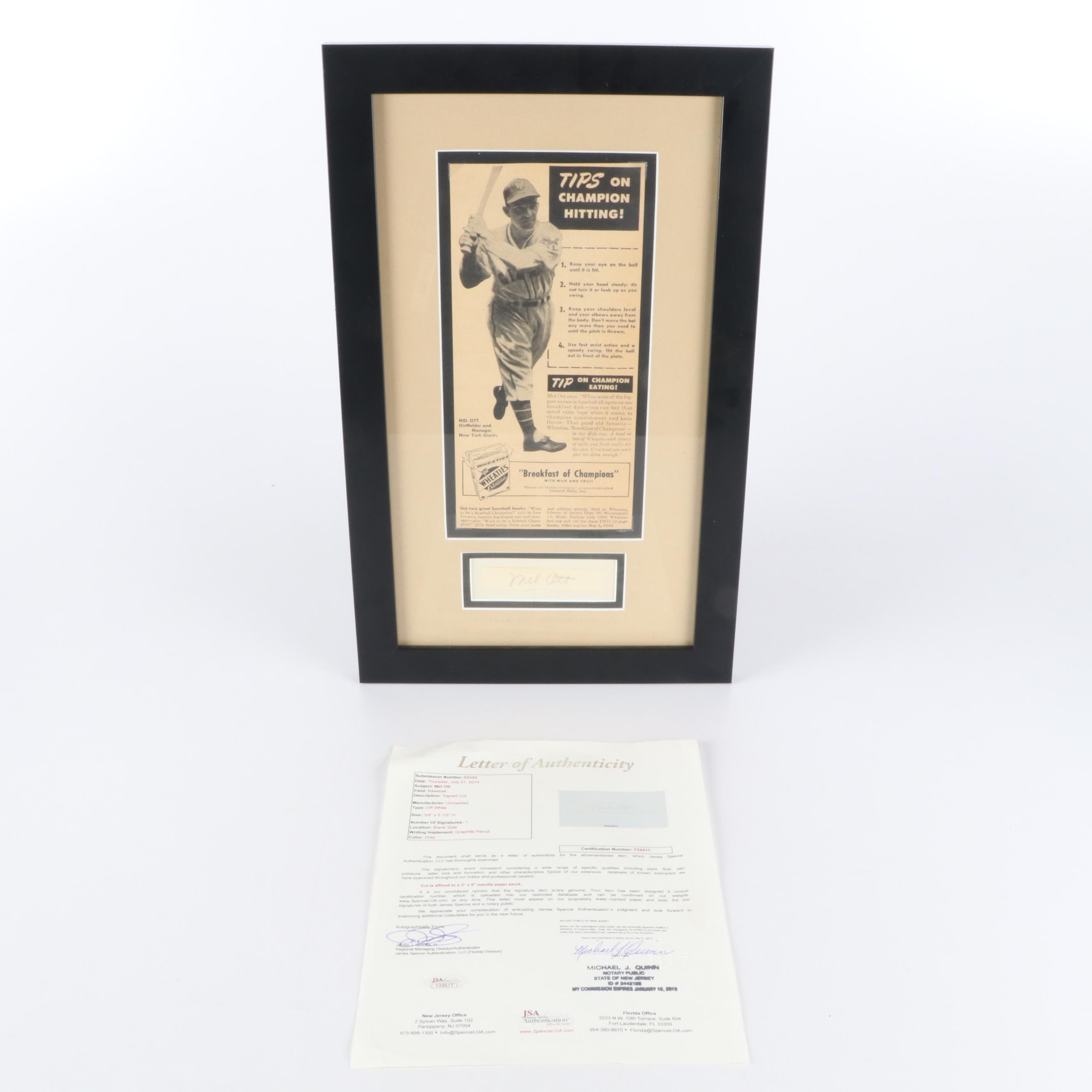 Mel Ott Cut Signature with Display, JSA