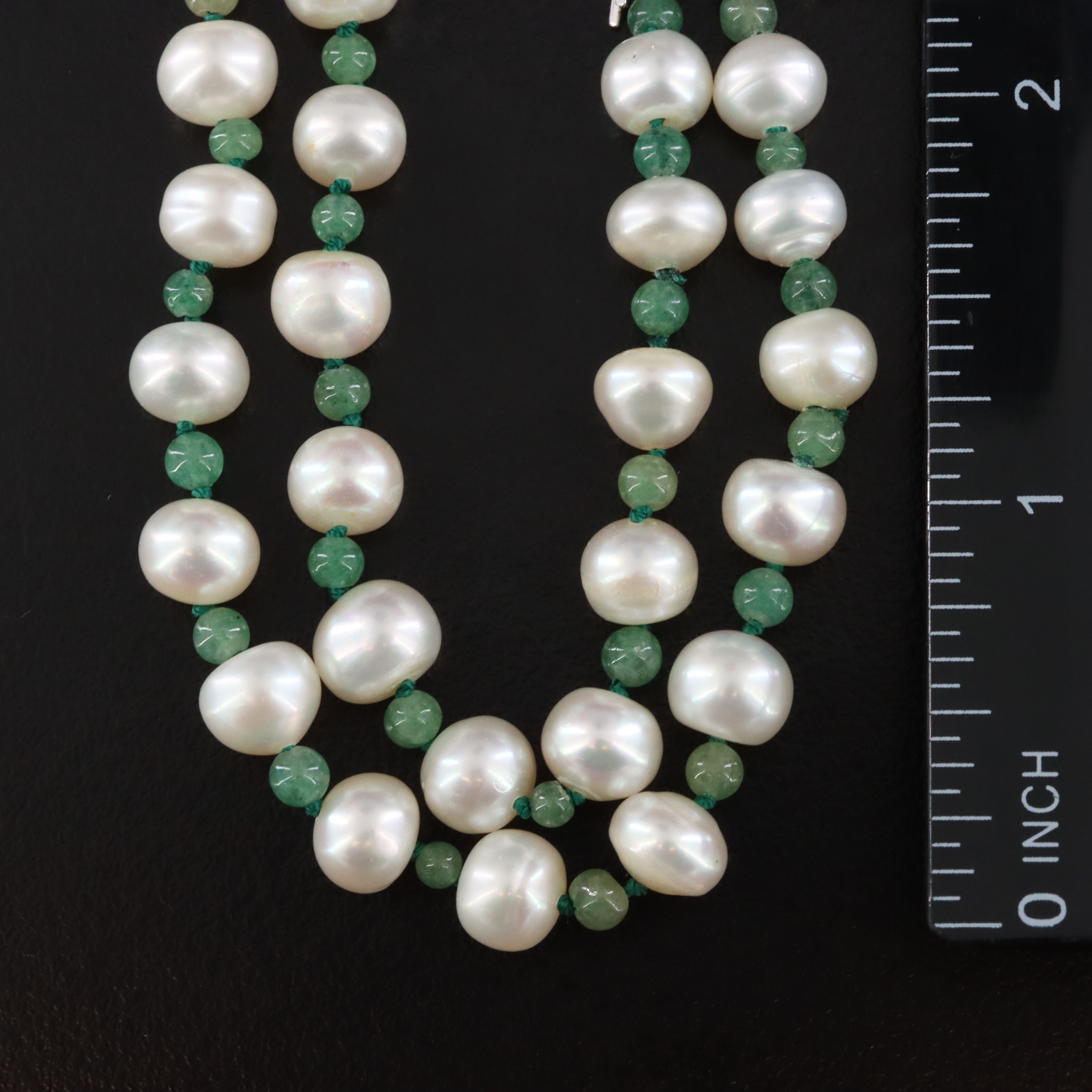 Vintage Pearl and Aventurine Necklace with 18K, Emerald and Diamond Clasp