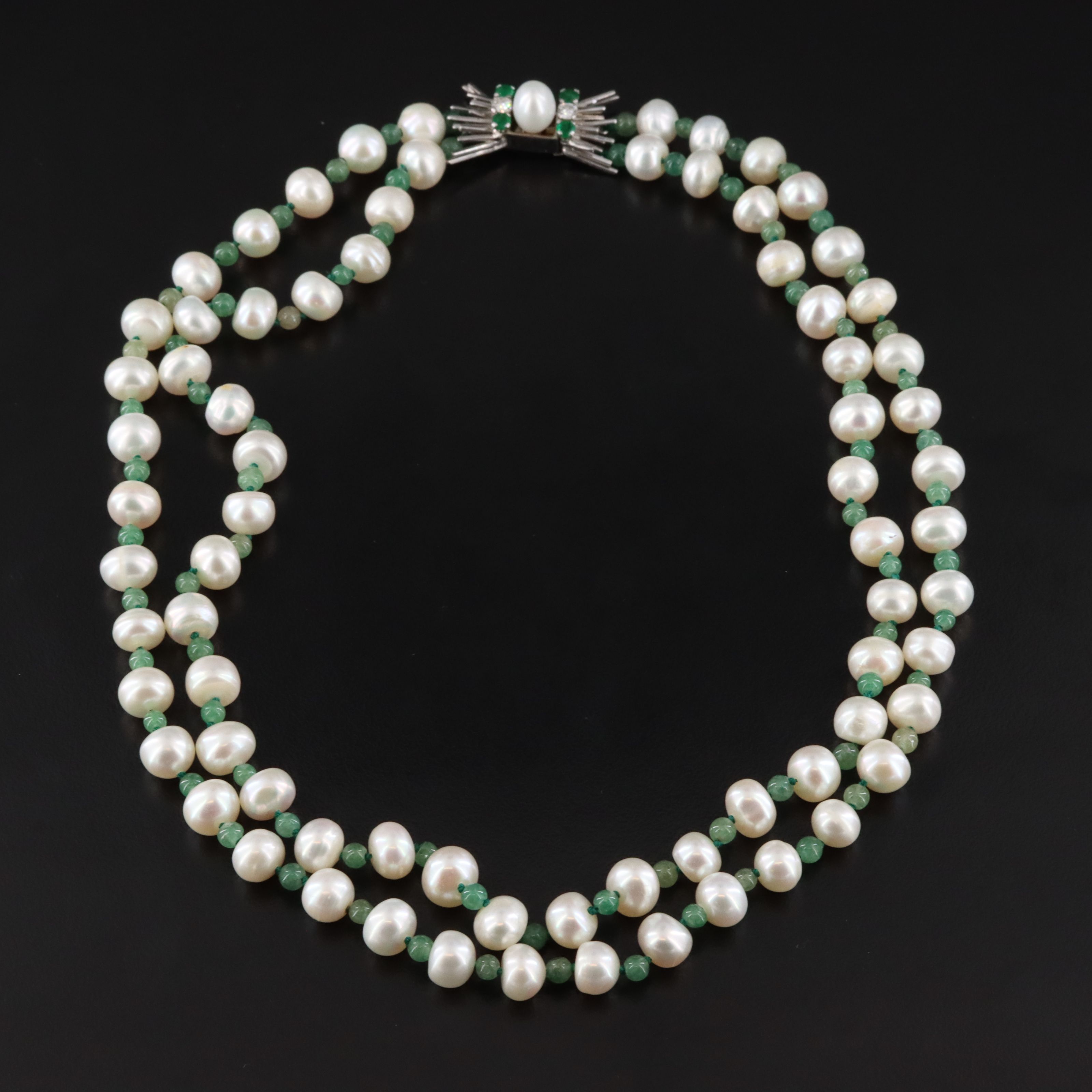 Vintage Pearl and Aventurine Necklace with 18K, Emerald and Diamond Clasp