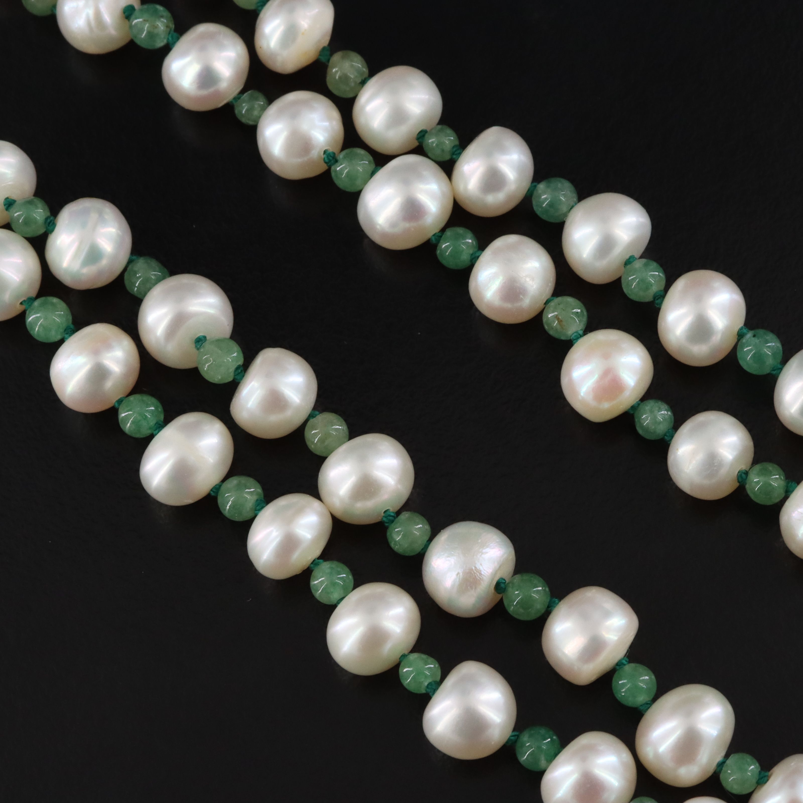 Vintage Pearl and Aventurine Necklace with 18K, Emerald and Diamond Clasp