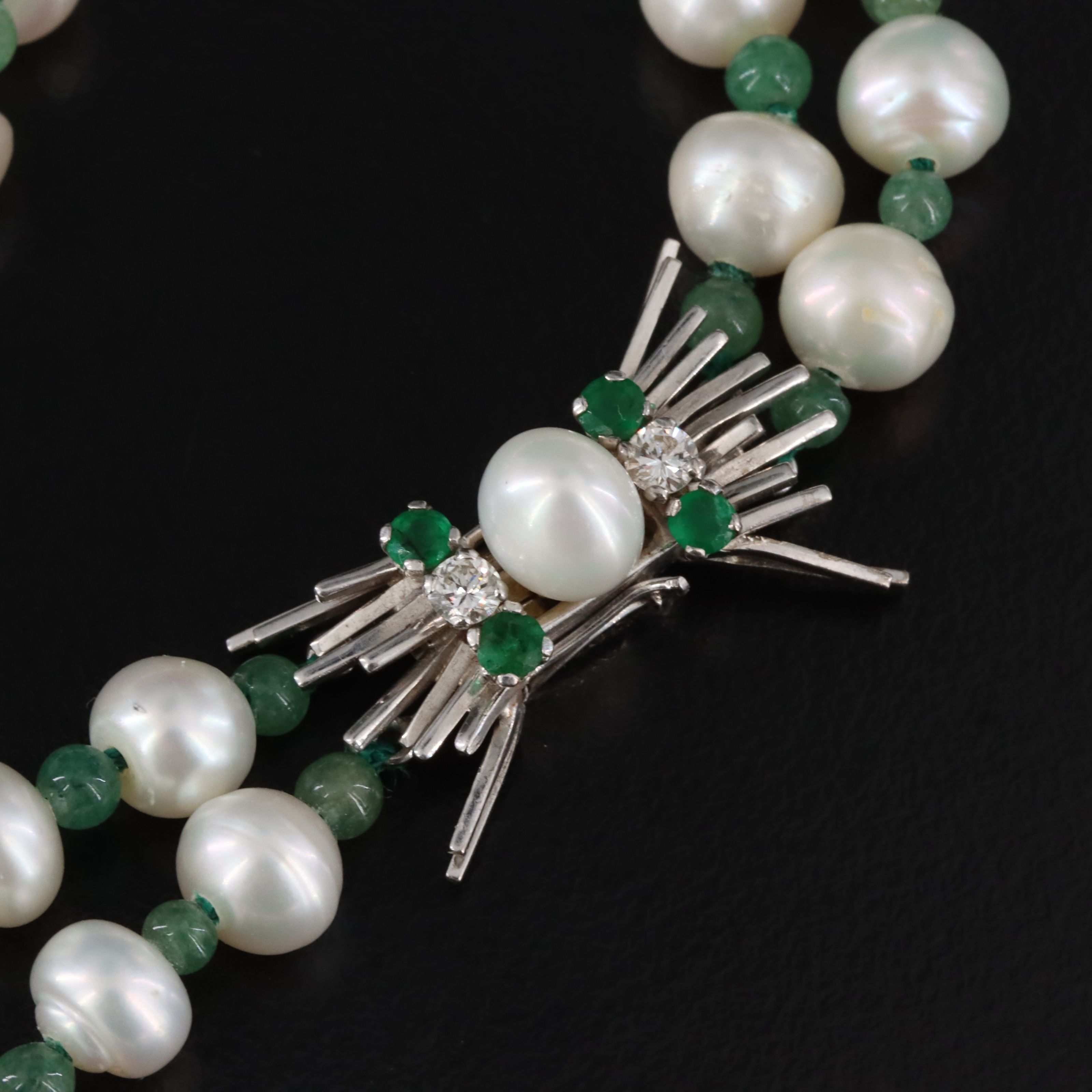 Vintage Pearl and Aventurine Necklace with 18K, Emerald and Diamond Clasp