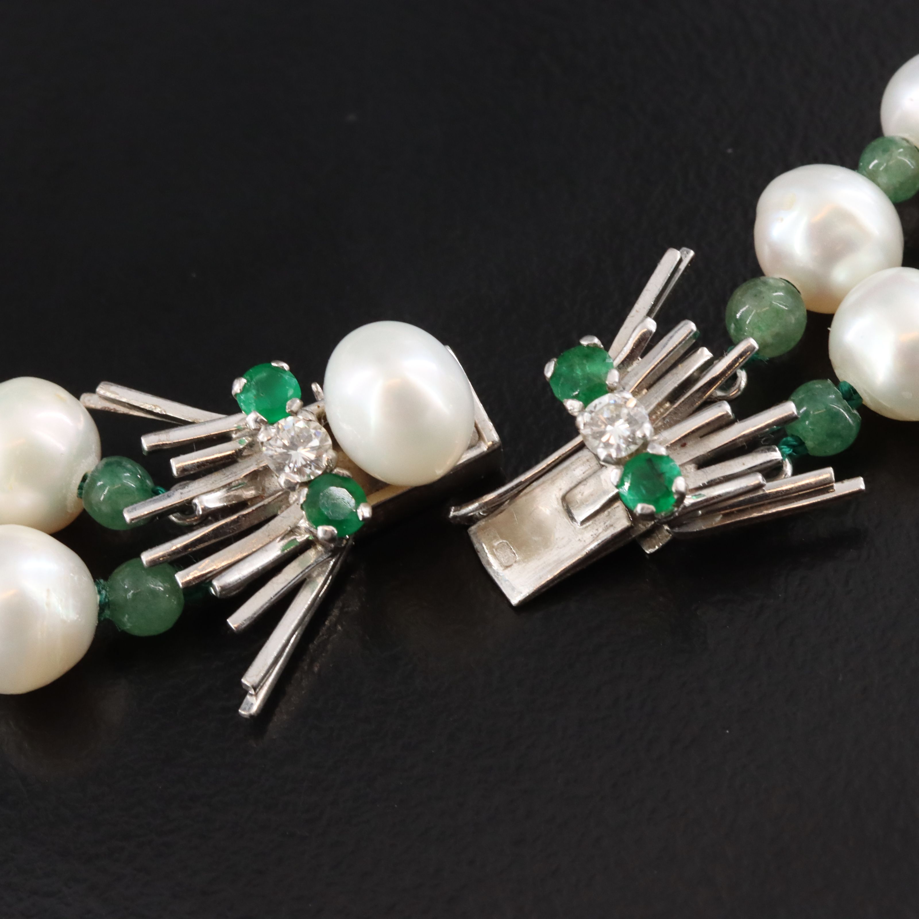 Vintage Pearl and Aventurine Necklace with 18K, Emerald and Diamond Clasp