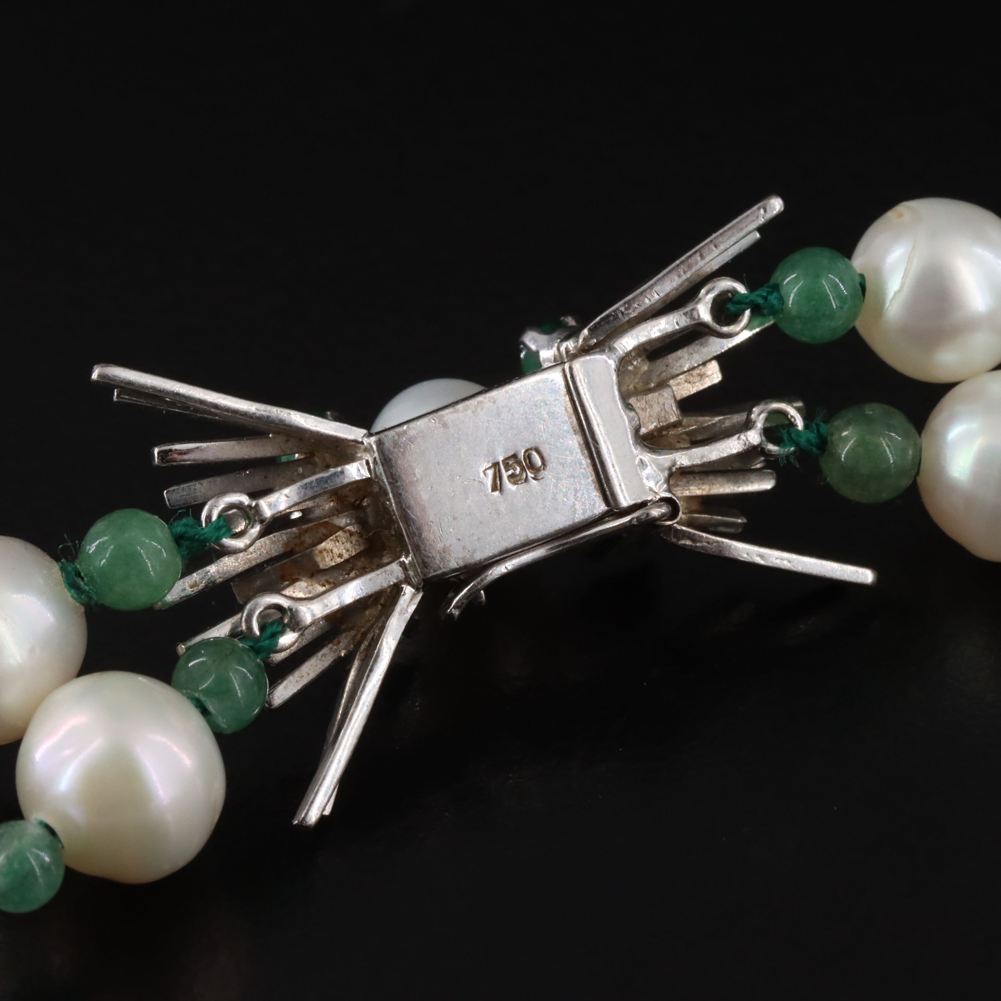 Vintage Pearl and Aventurine Necklace with 18K, Emerald and Diamond Clasp