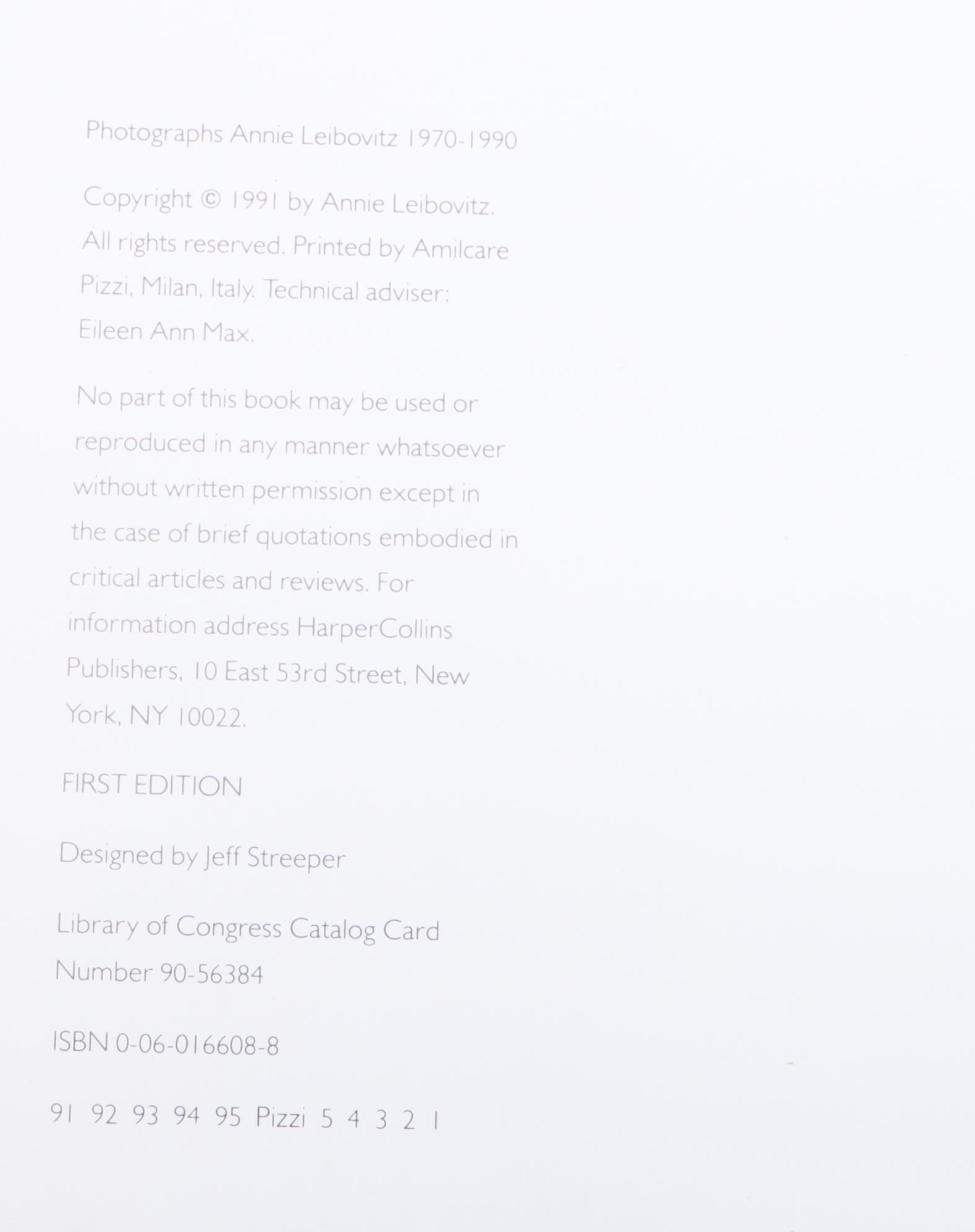 First Printing "Photographs, 1970–1990" by Annie Leibovitz, 1991