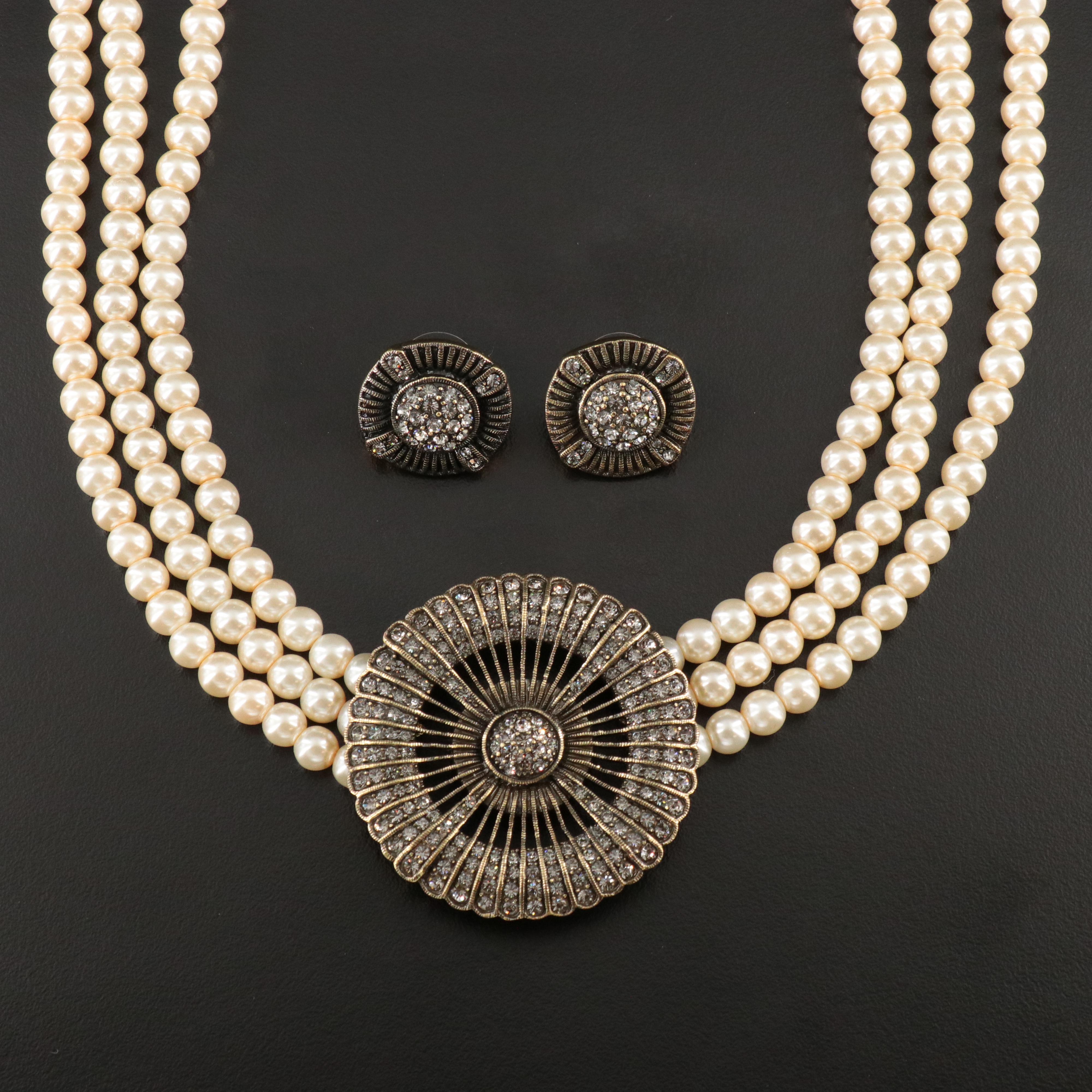 Heidi Daus Faux Pearl and Rhinestone Necklace and Earrings