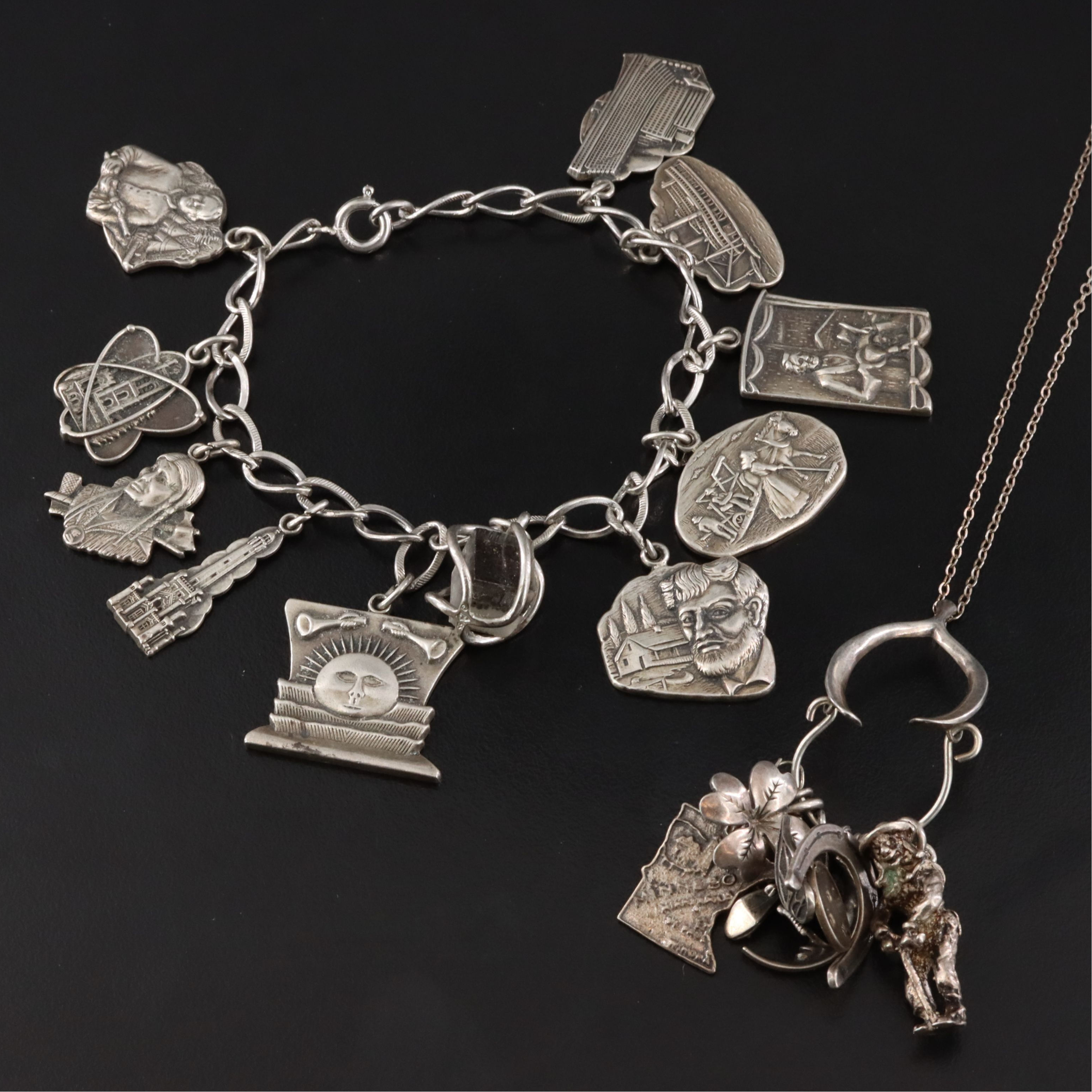 Sterling Charm Necklace and Bracelet Including Travel and Vintage