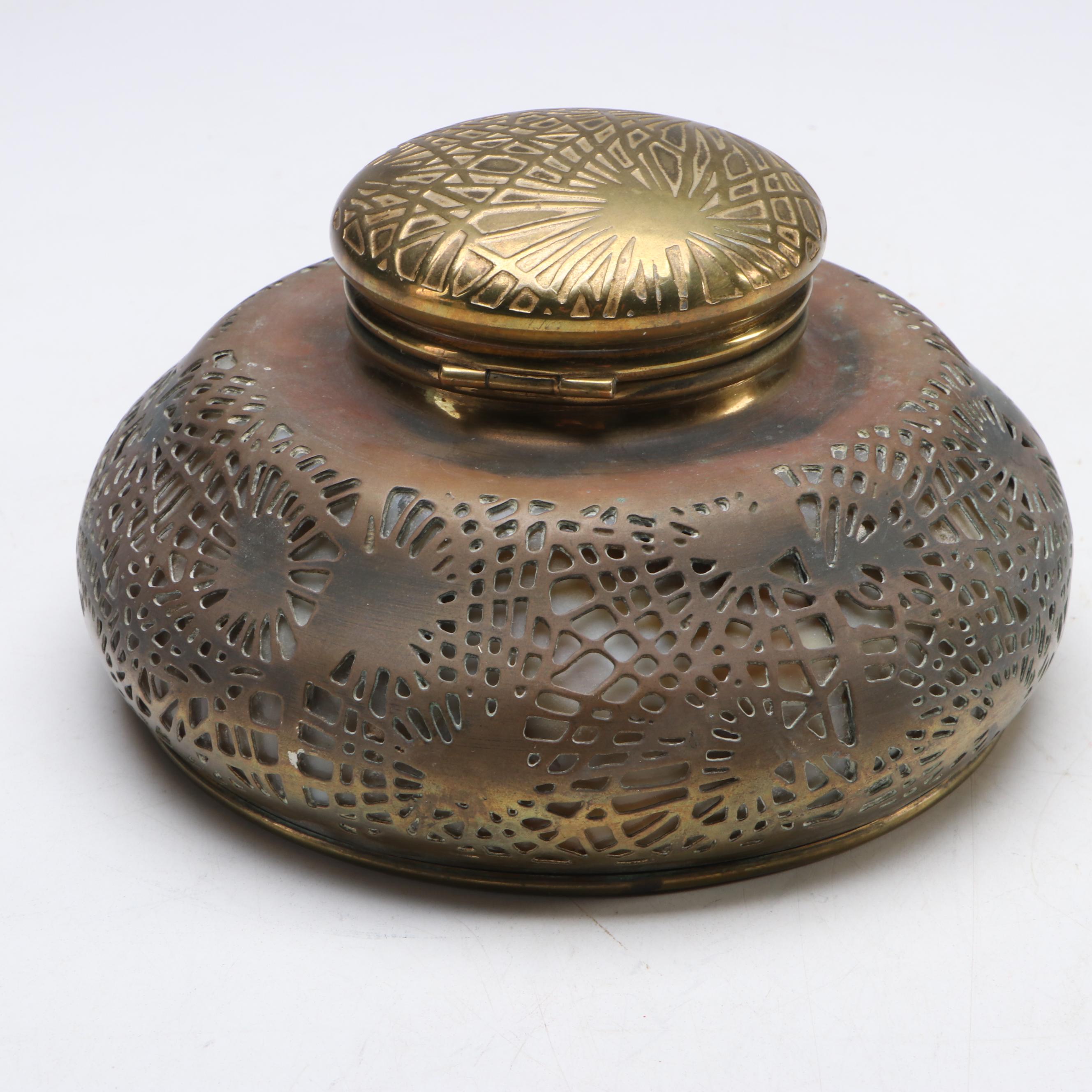 Tiffany Studios "Pine Needle" Bronze d'Or and Glass Inkwell