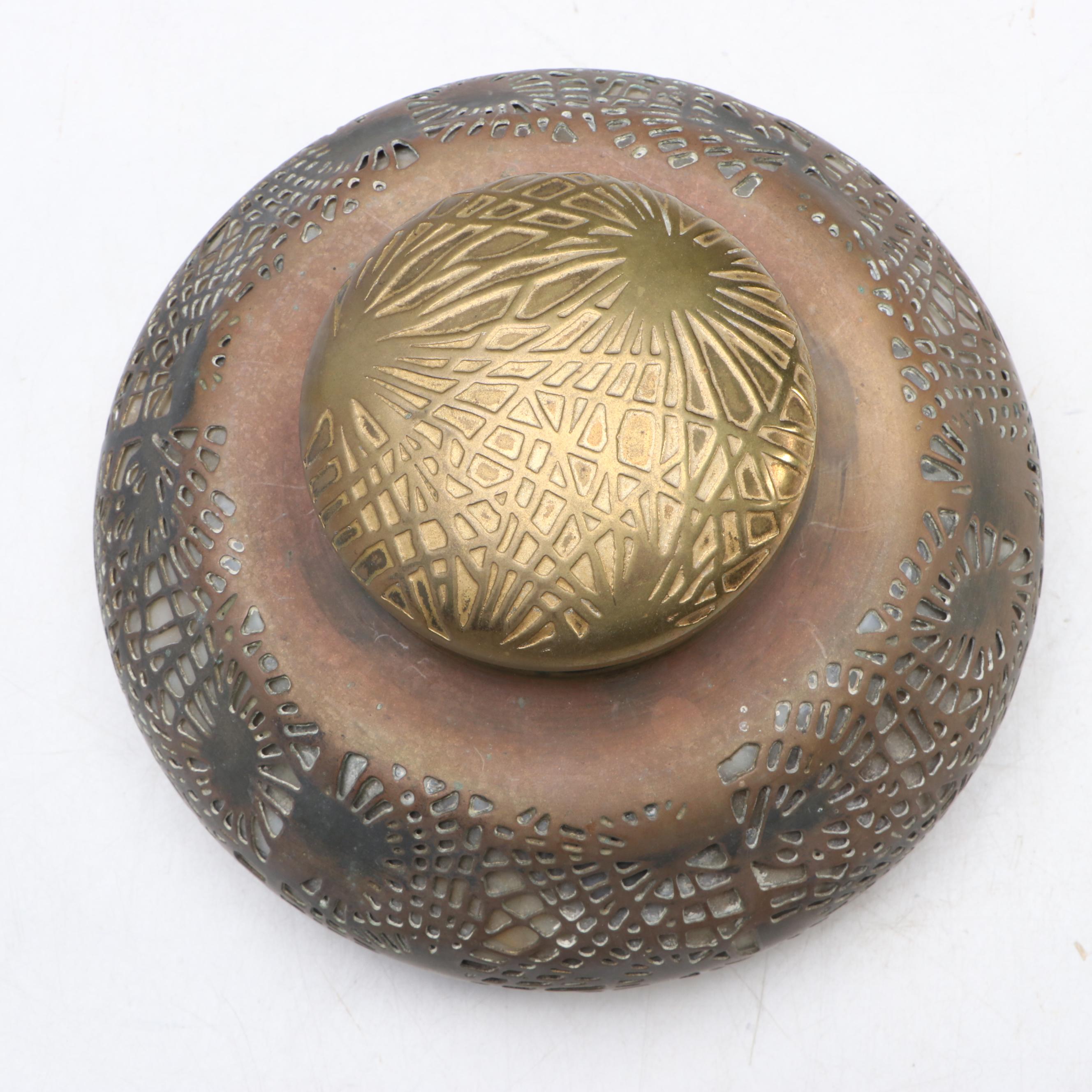 Tiffany Studios "Pine Needle" Bronze d'Or and Glass Inkwell