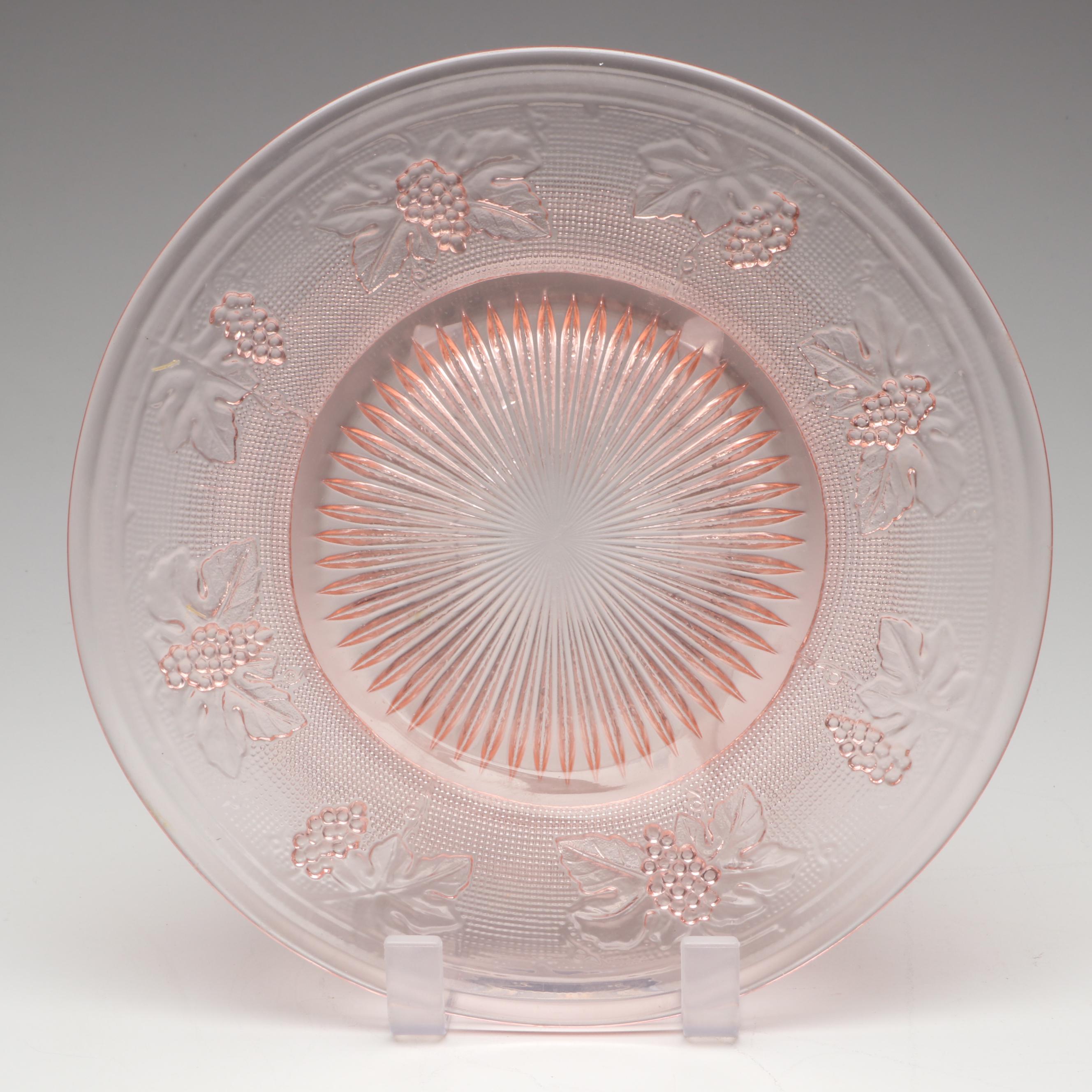 Pink and Amethyst Blown Glass Pitchers and Cruet with EAPG Plate and Bowls