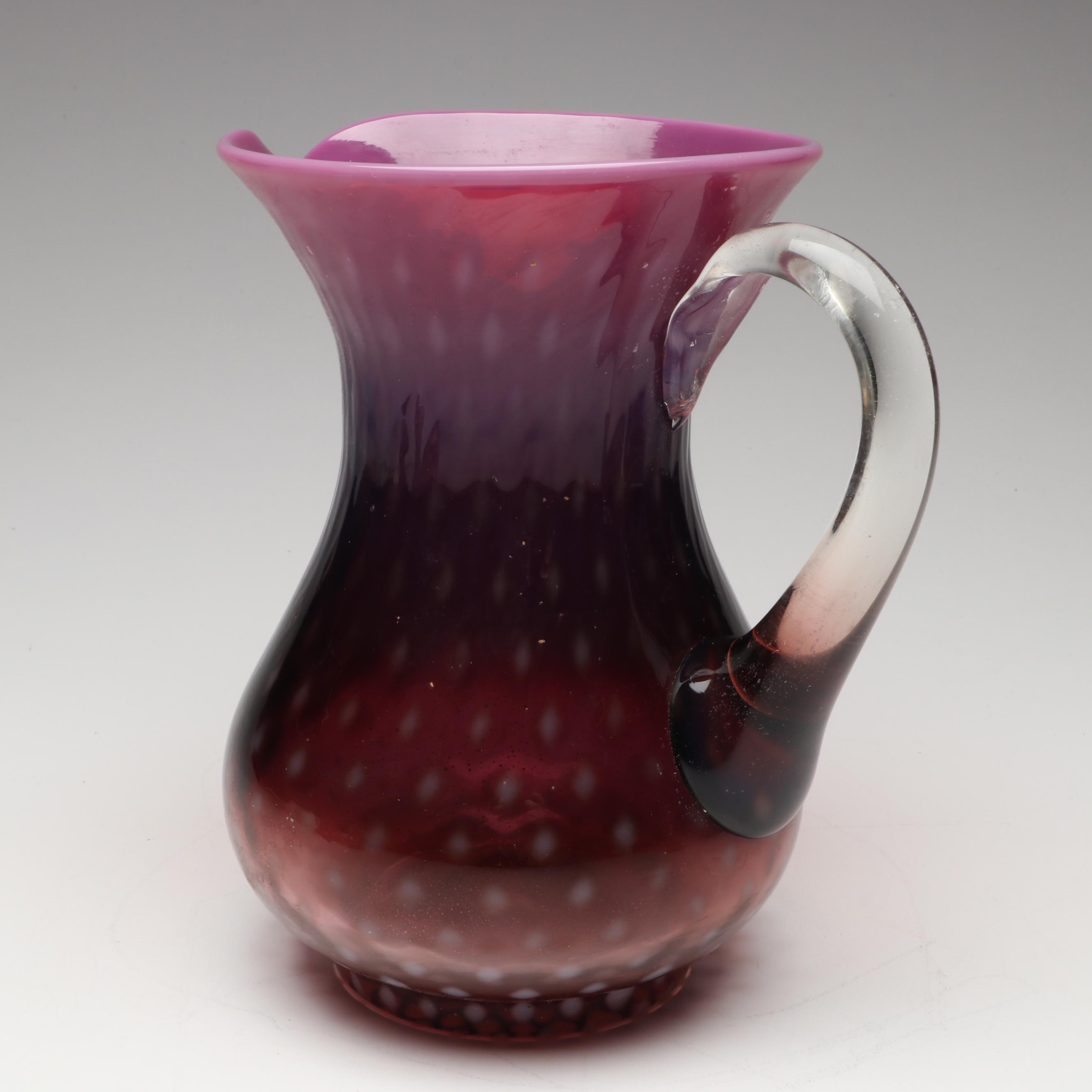 Pink and Amethyst Blown Glass Pitchers and Cruet with EAPG Plate and Bowls