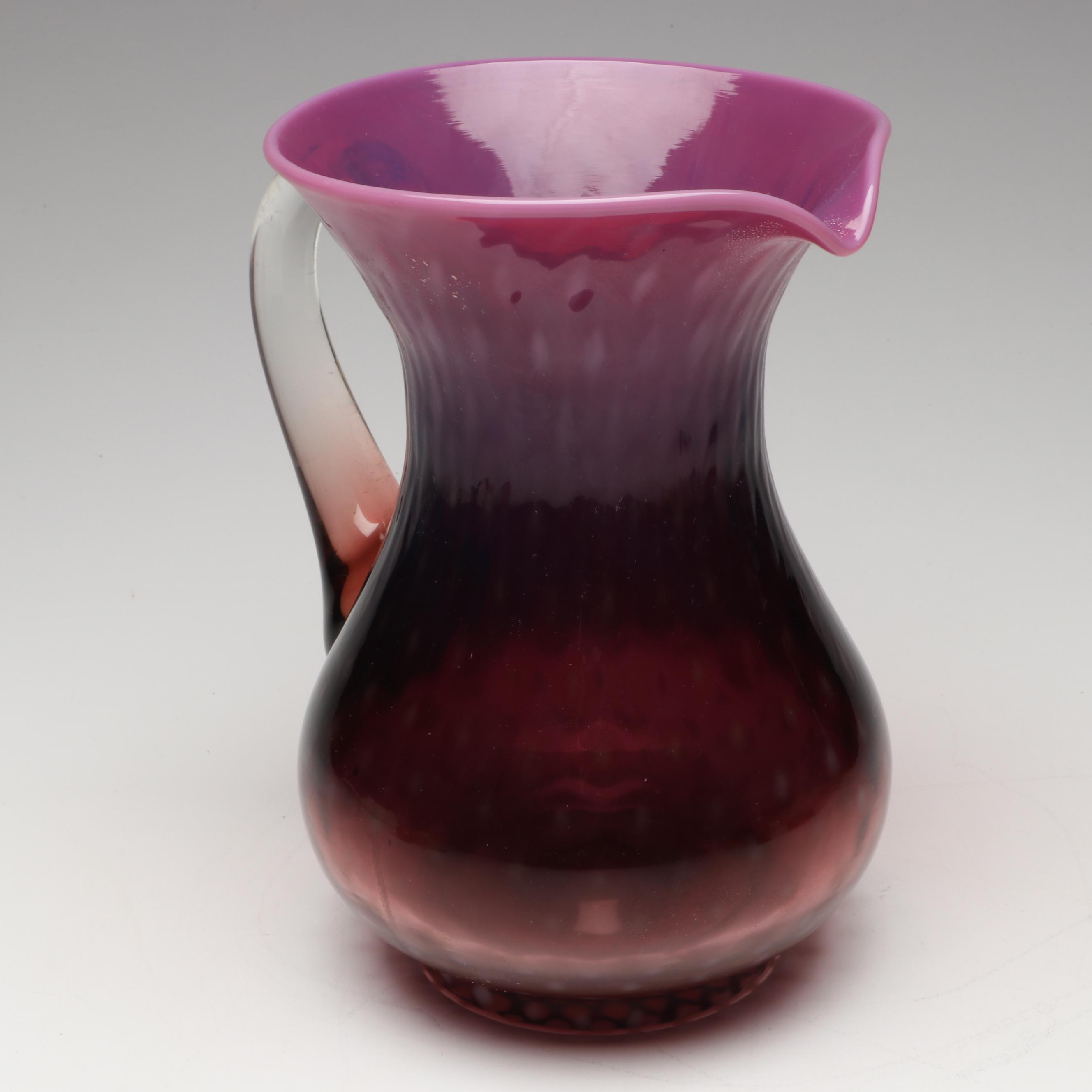 Pink and Amethyst Blown Glass Pitchers and Cruet with EAPG Plate and Bowls