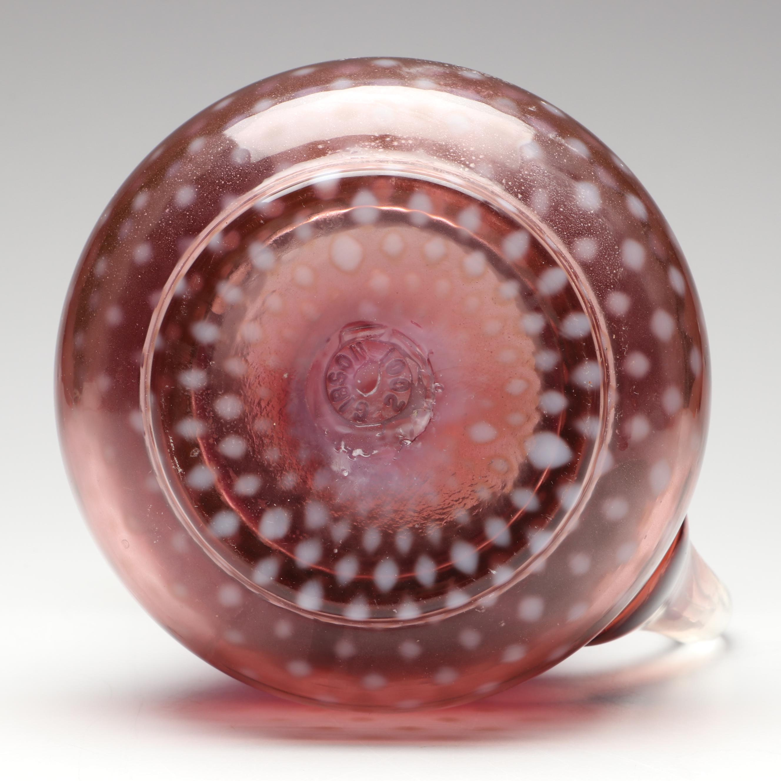 Pink and Amethyst Blown Glass Pitchers and Cruet with EAPG Plate and Bowls