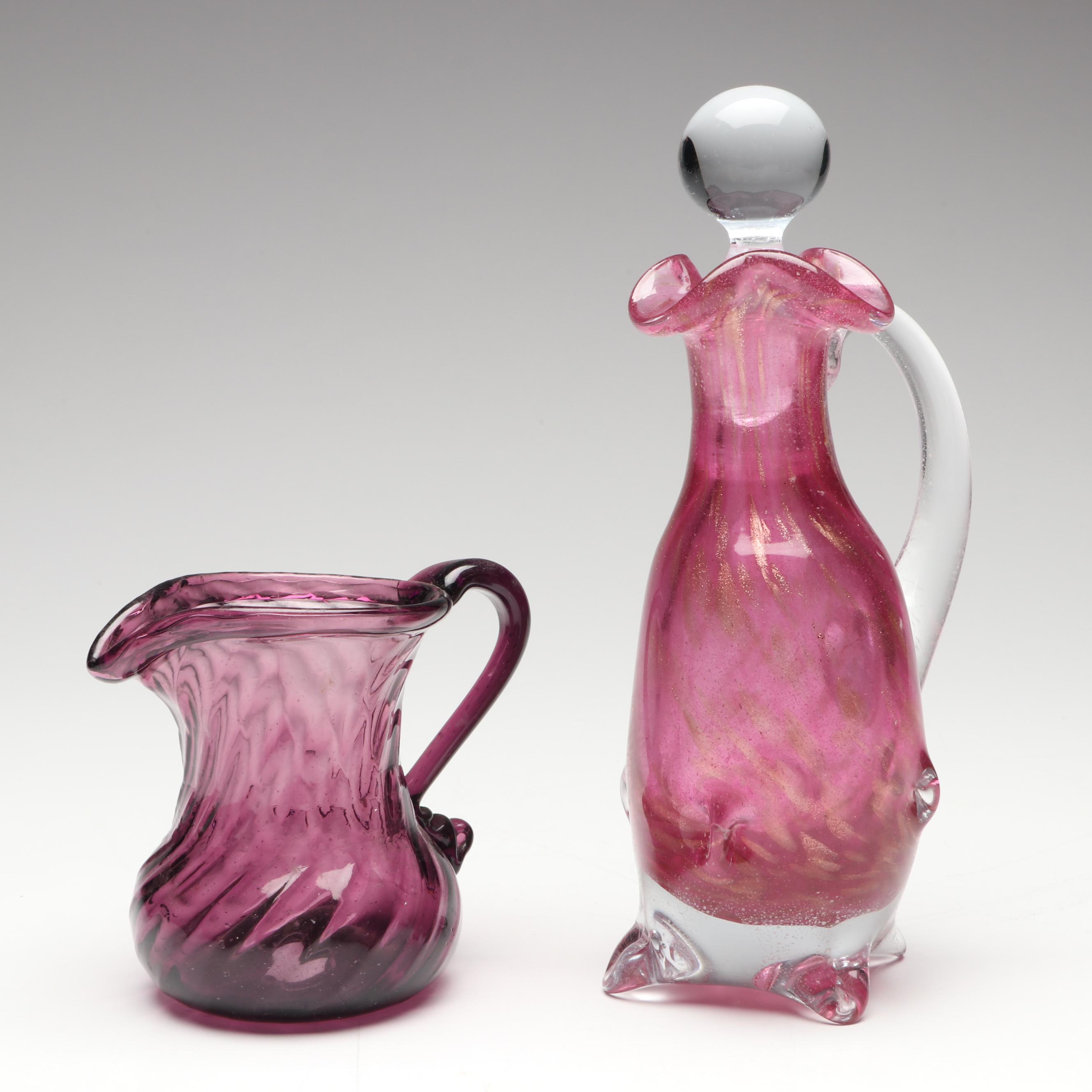 Pink and Amethyst Blown Glass Pitchers and Cruet with EAPG Plate and Bowls