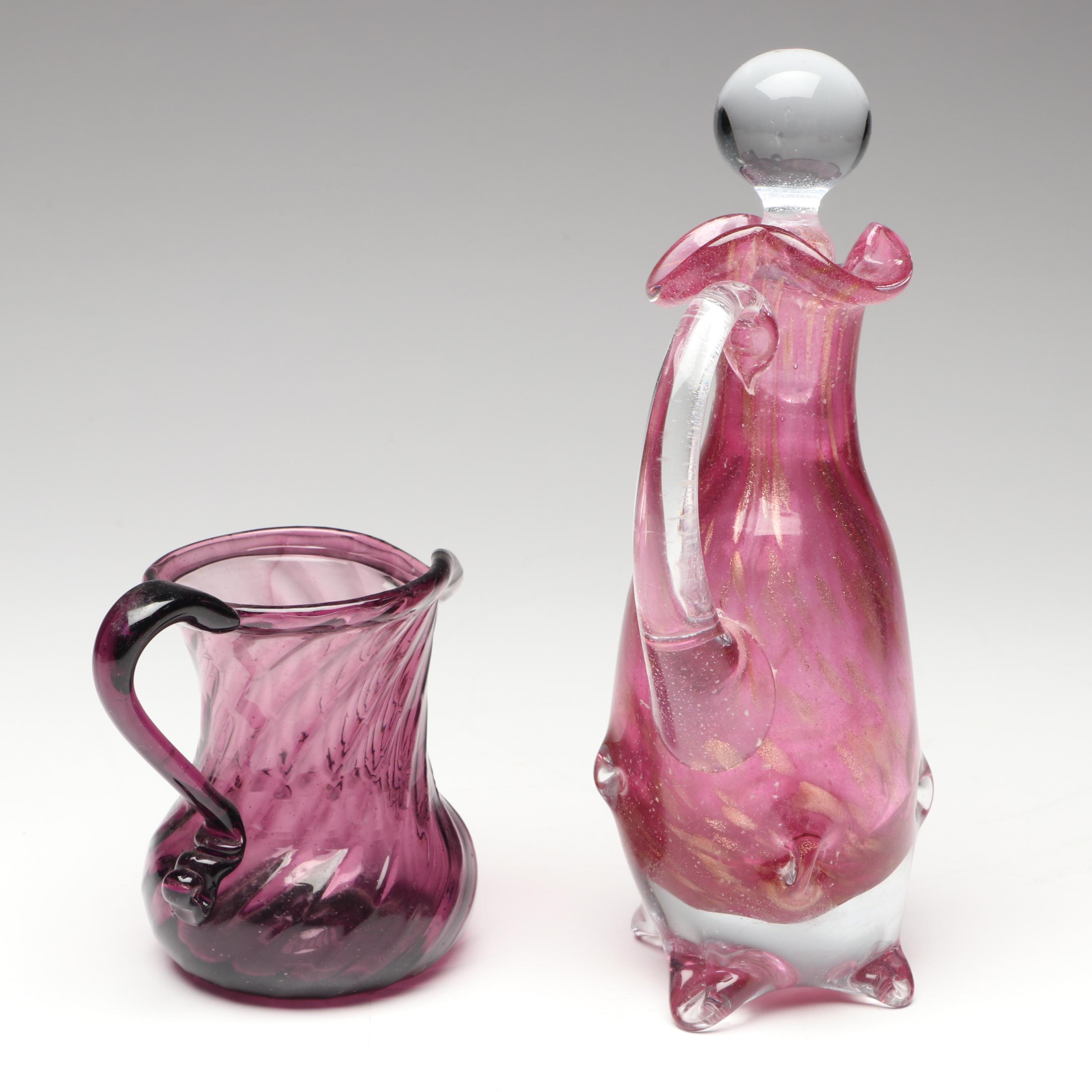 Pink and Amethyst Blown Glass Pitchers and Cruet with EAPG Plate and Bowls