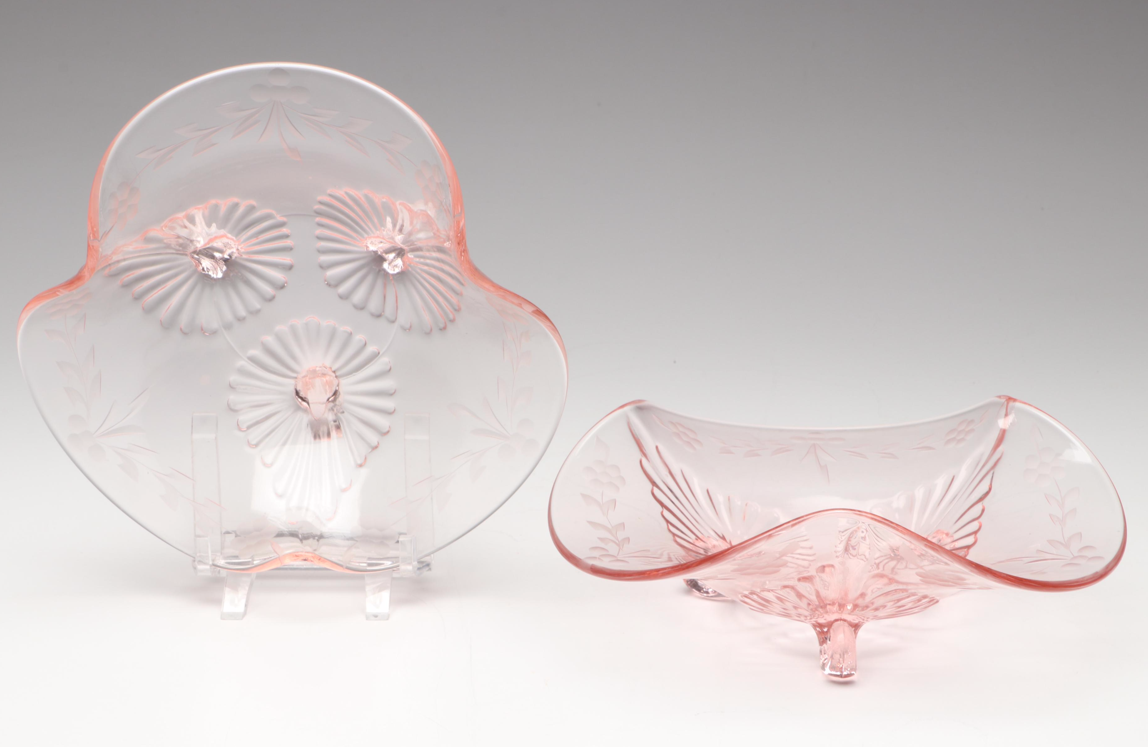 Pink and Amethyst Blown Glass Pitchers and Cruet with EAPG Plate and Bowls