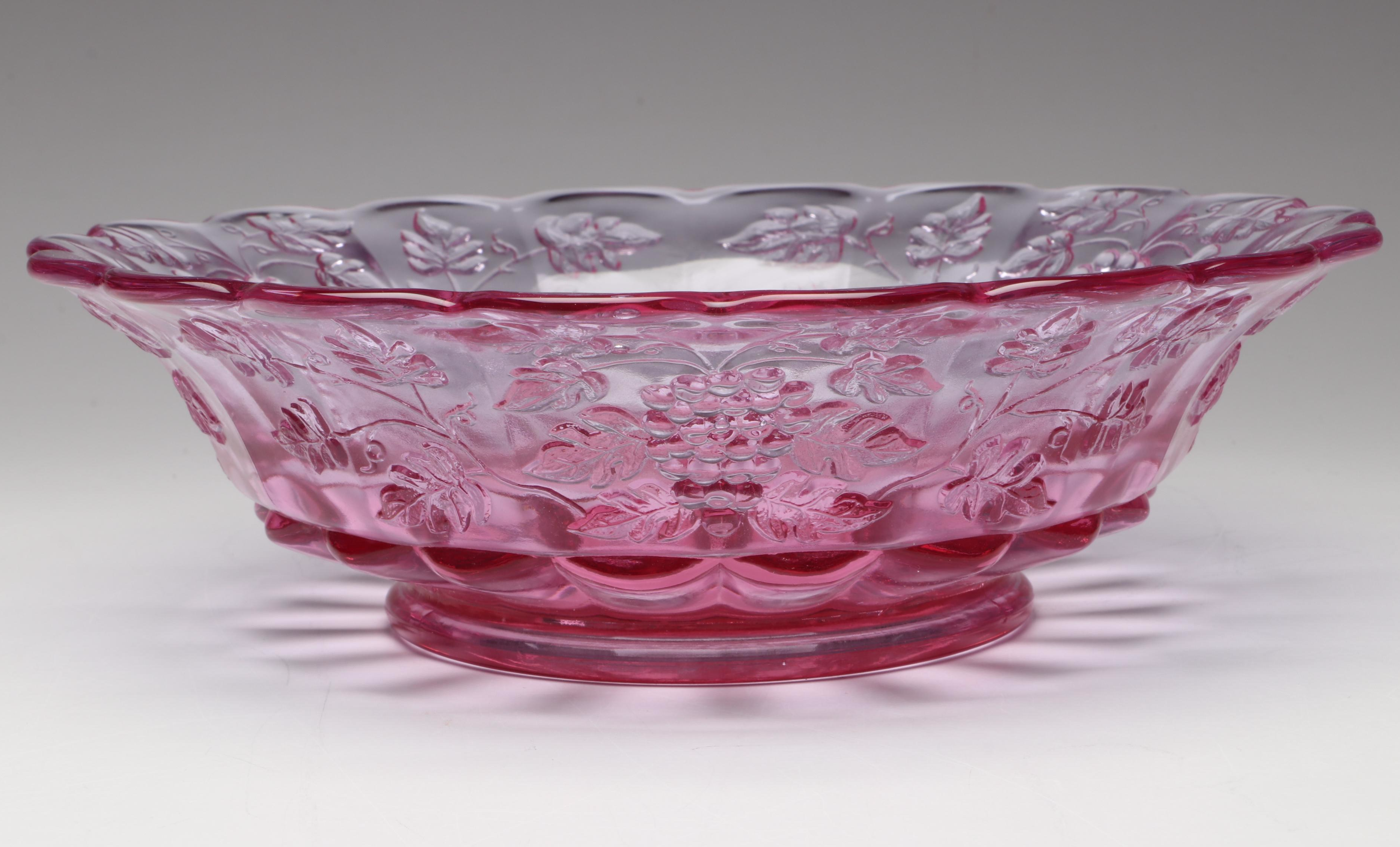 Pink and Amethyst Blown Glass Pitchers and Cruet with EAPG Plate and Bowls