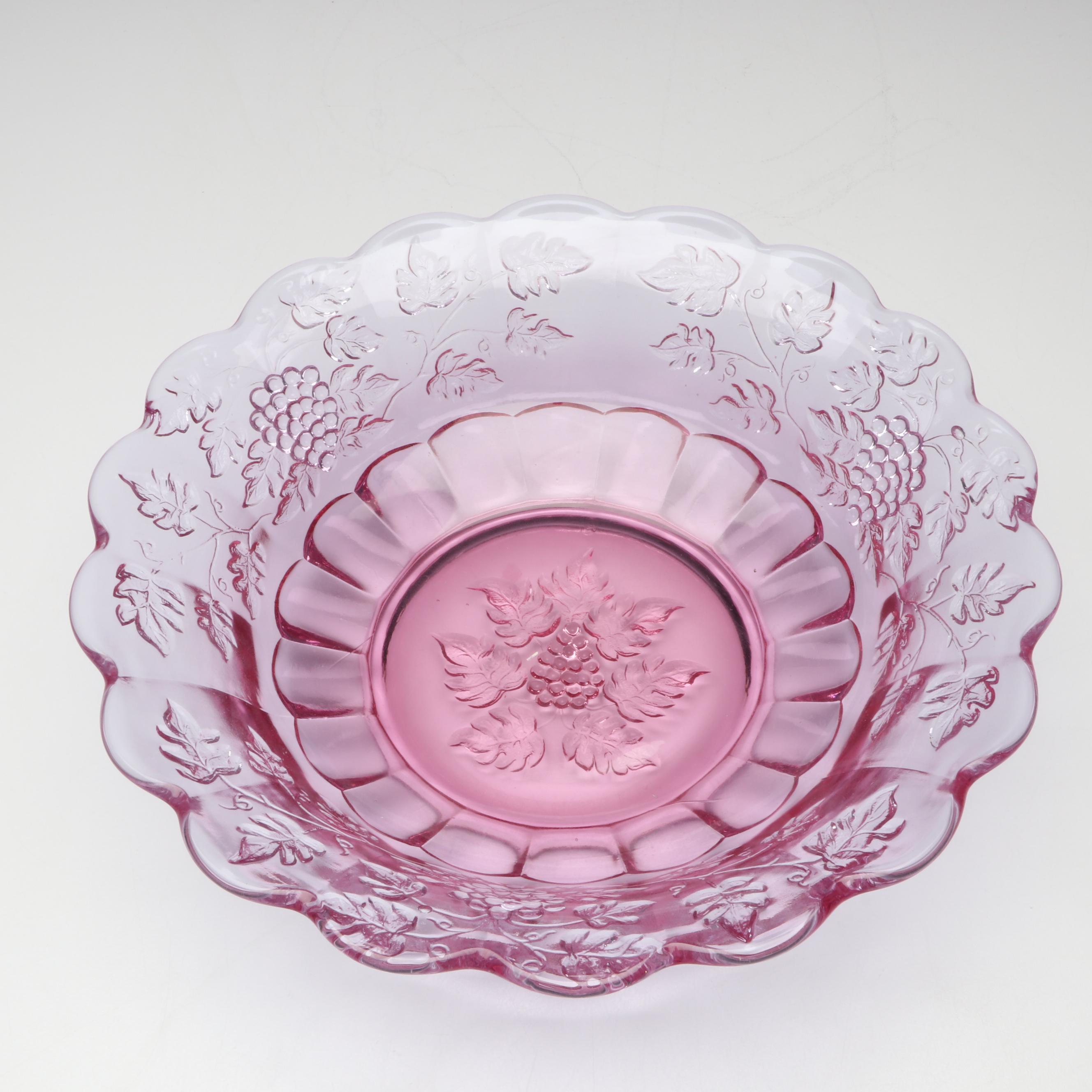 Pink and Amethyst Blown Glass Pitchers and Cruet with EAPG Plate and Bowls