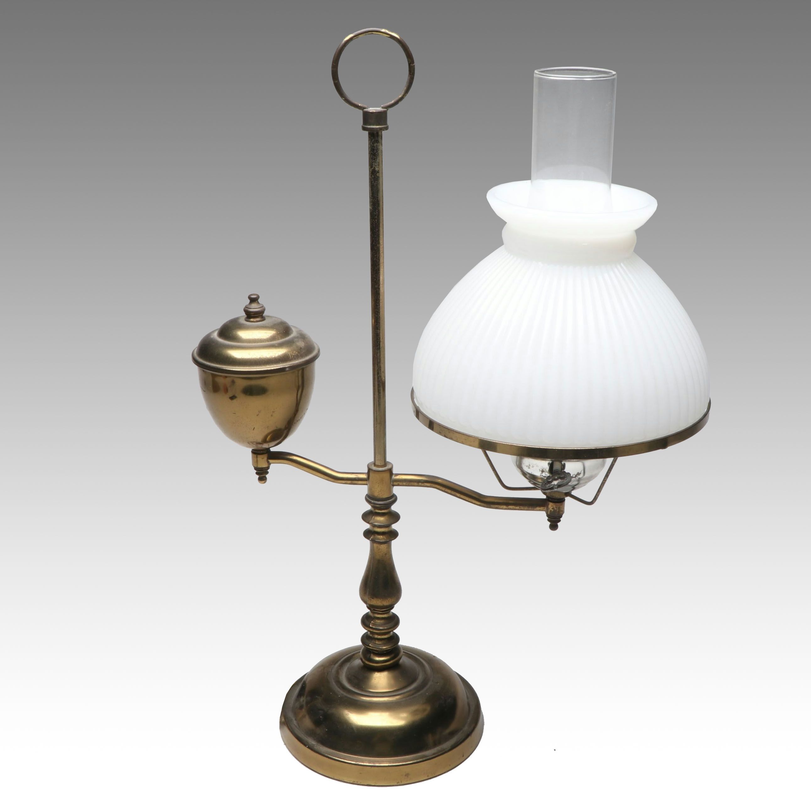 Brass Offset Arm Student Lamp with Milk Glass Shade, Vintage