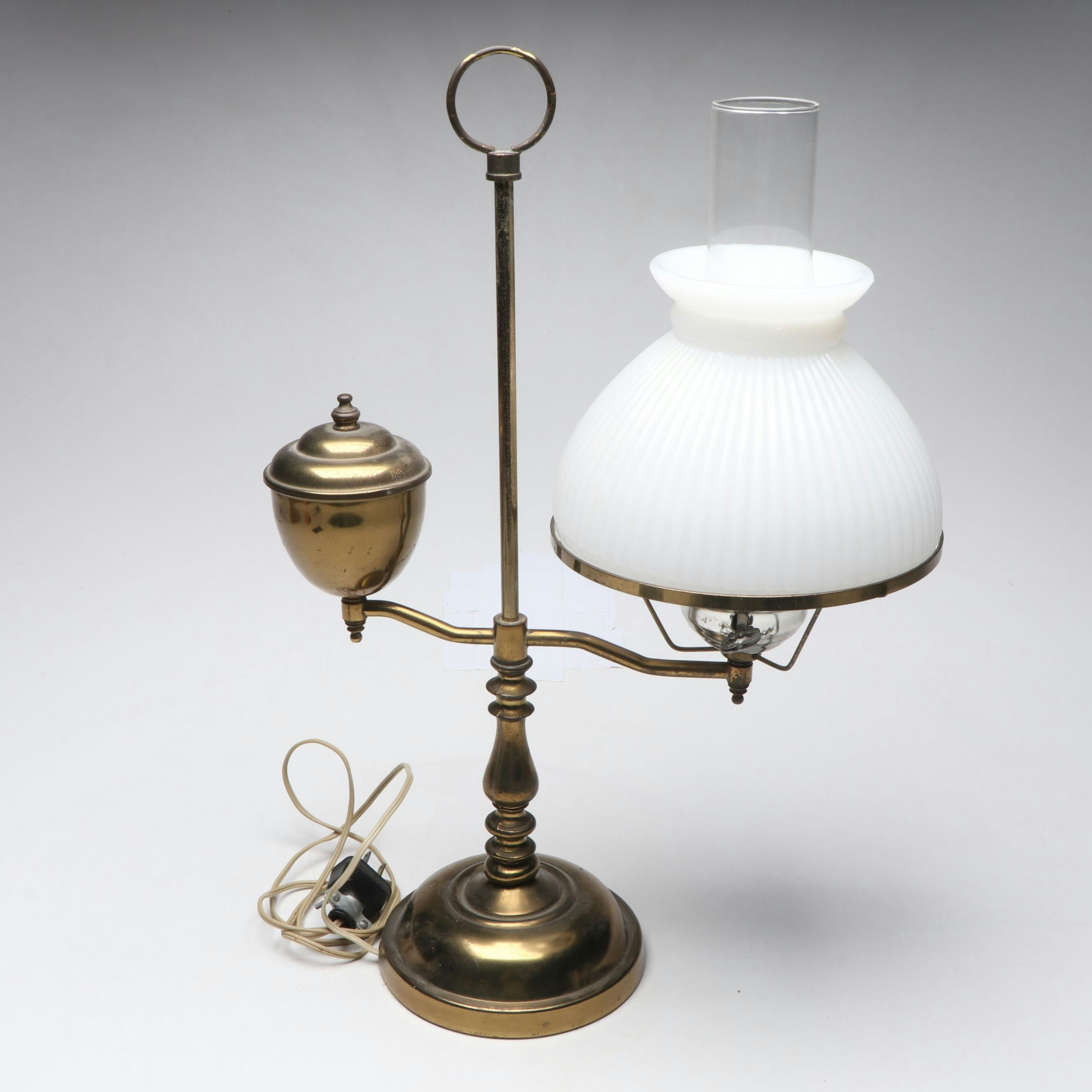 Brass Offset Arm Student Lamp with Milk Glass Shade, Vintage