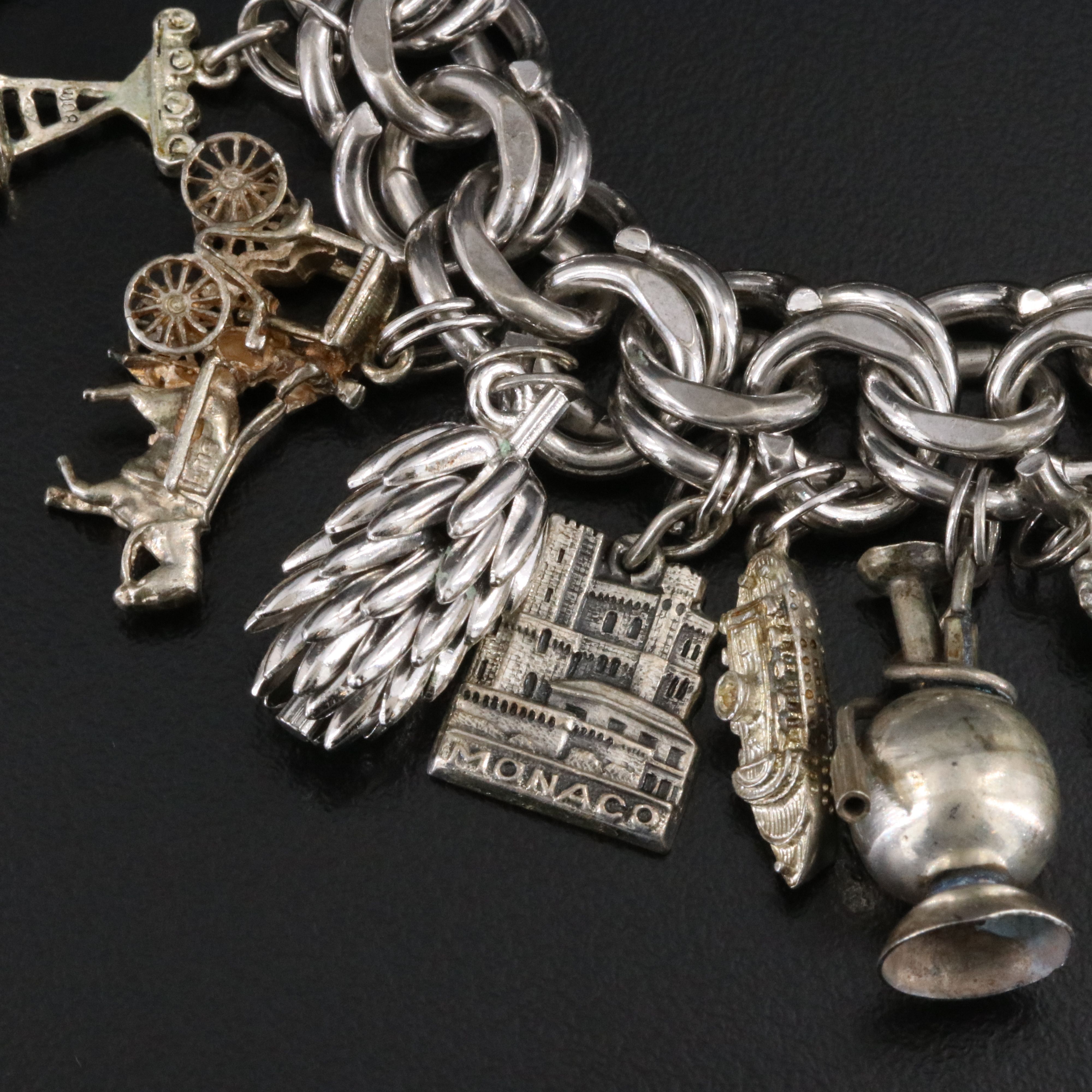 Vintage Sterling Charm Bracelet Including 900 and 800 Silver