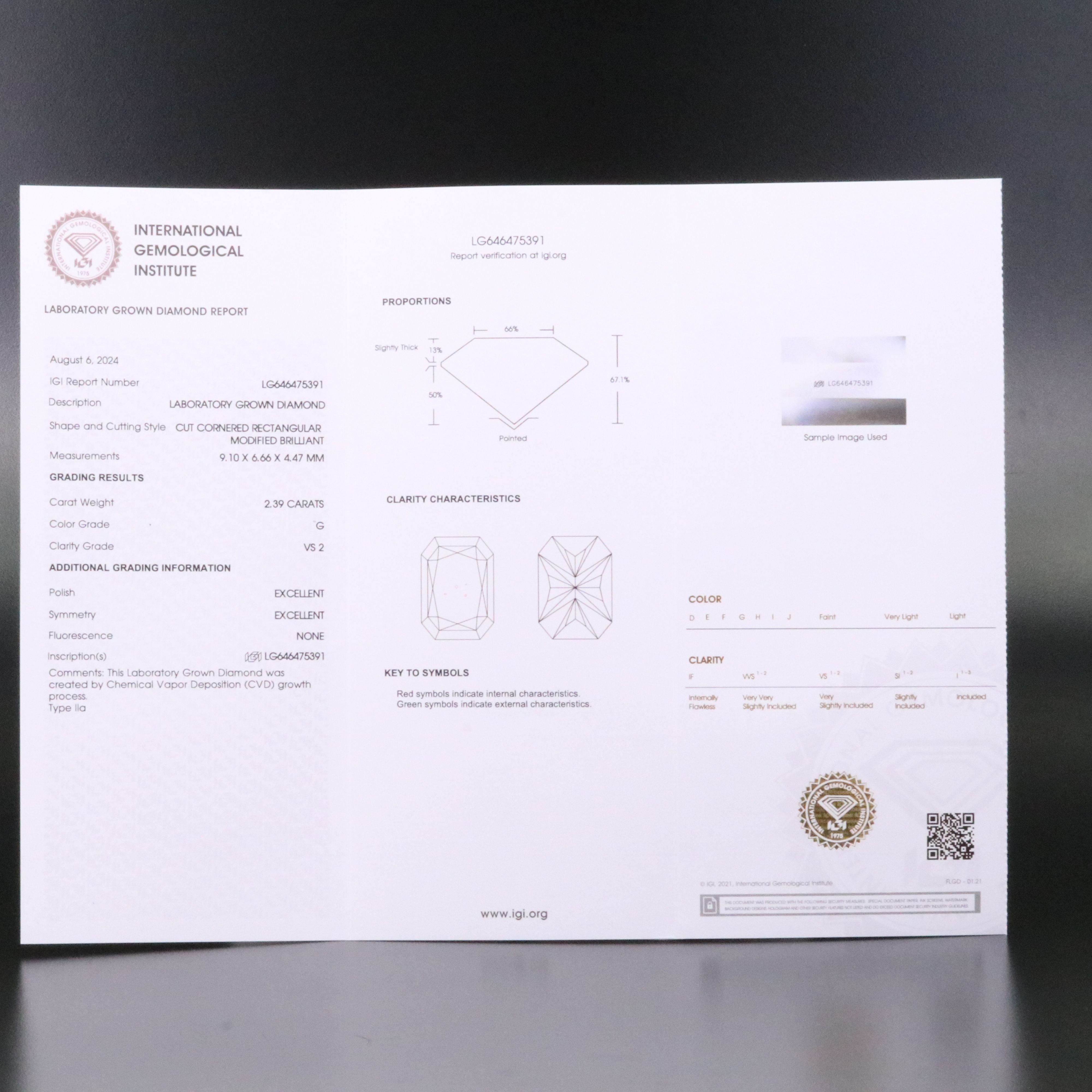 Loose 2.39 CT Lab Grown Diamond with IGI Report