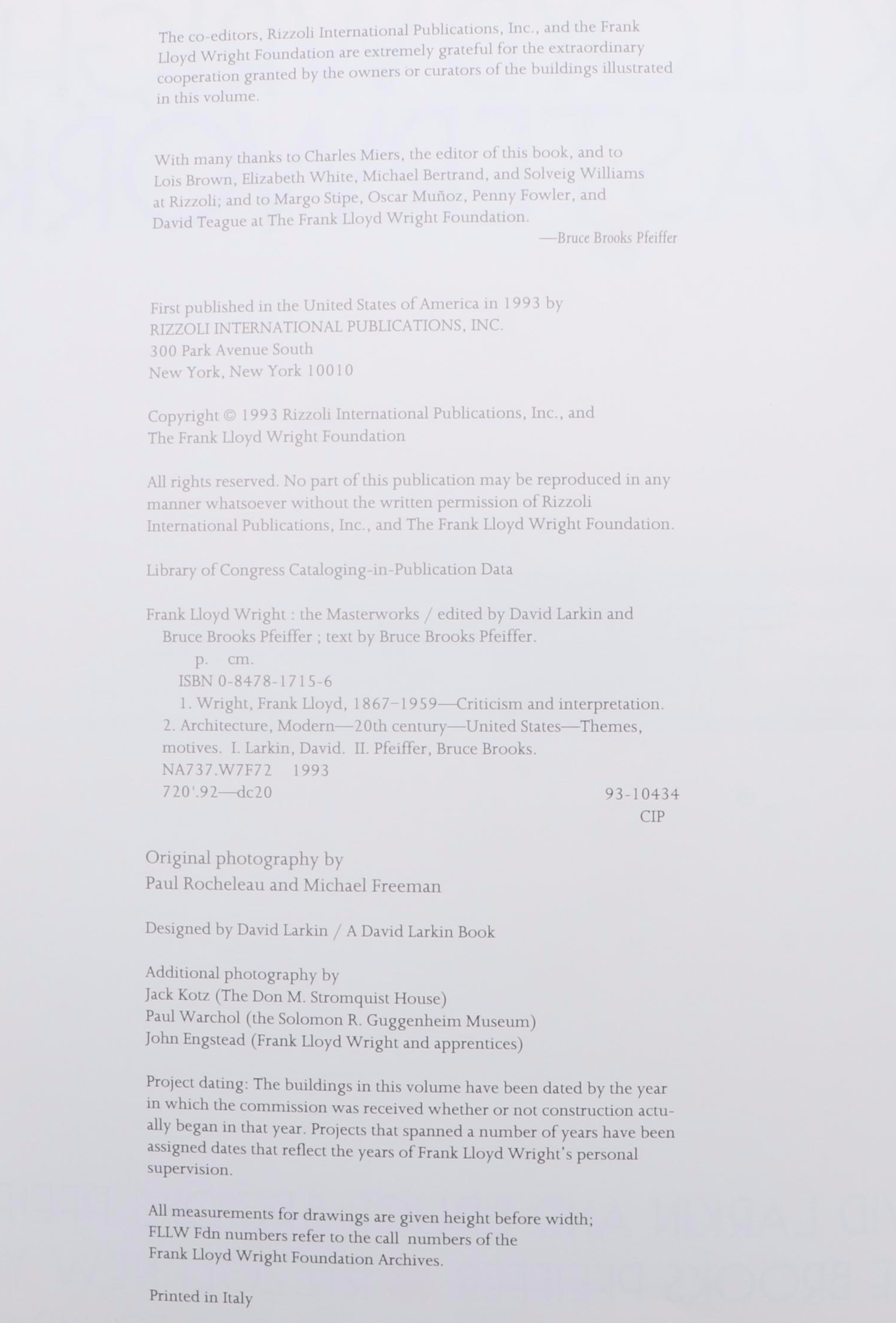 First Edition "Frank Lloyd Wright: The Masterworks" by Pfeiffer and Larkin, 1993