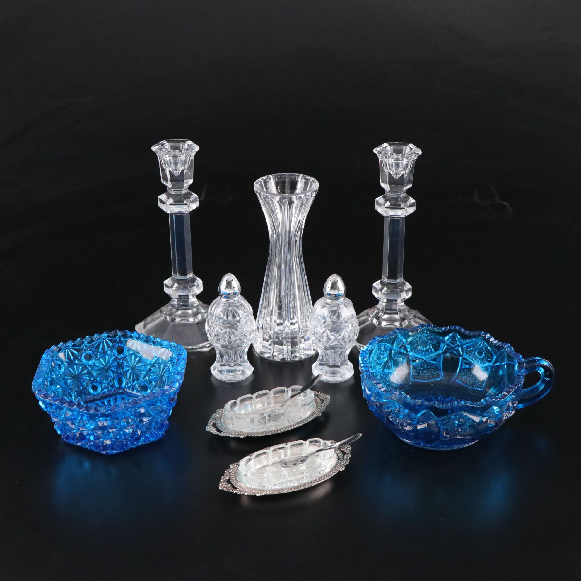 Blue "Daisy & Button" Glass Bowl with Glass Candlesticks, Salt Cellars, and More