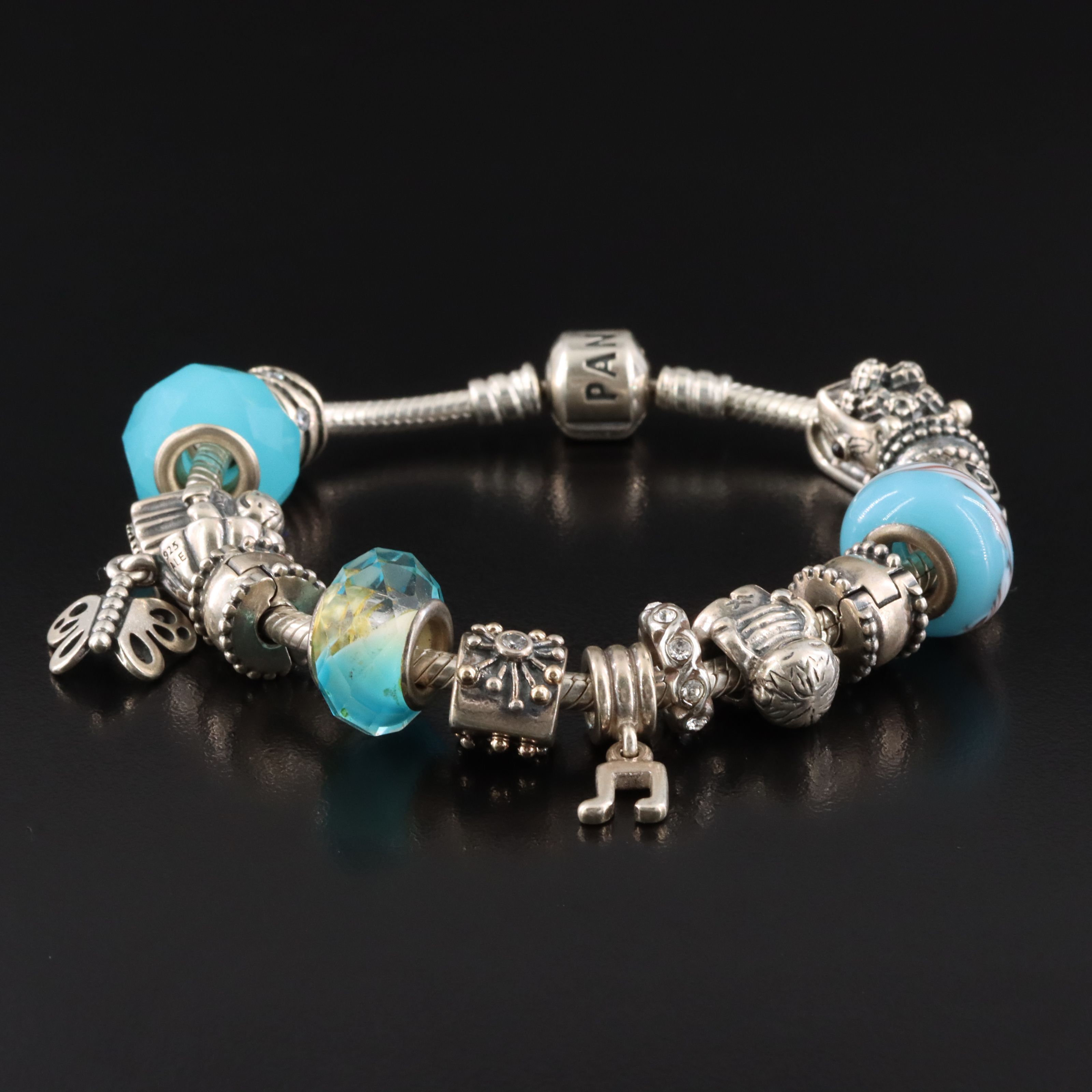 Pandora Sterling Bracelet with Charms, Lampwork Glass and Pearl