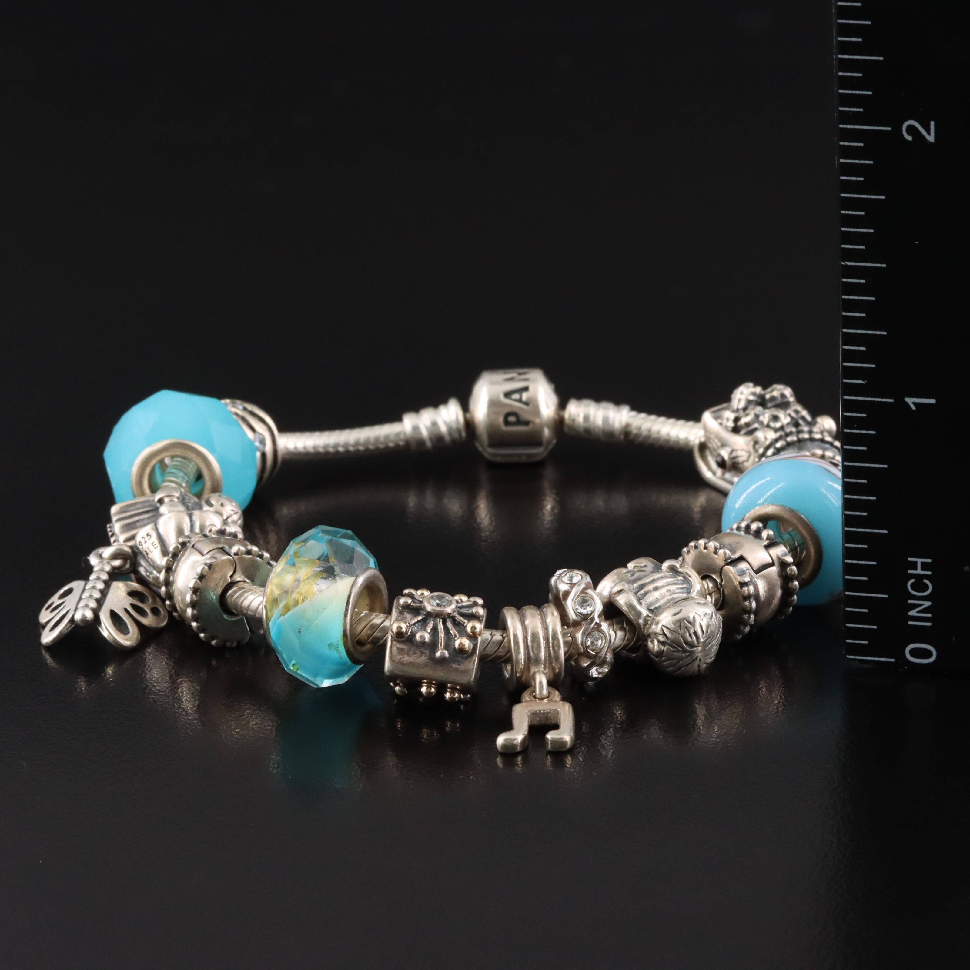 Pandora Sterling Bracelet with Charms, Lampwork Glass and Pearl
