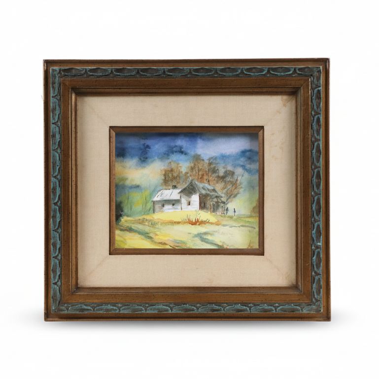 Watercolor Painting of White Paneled House, Late 20th Century