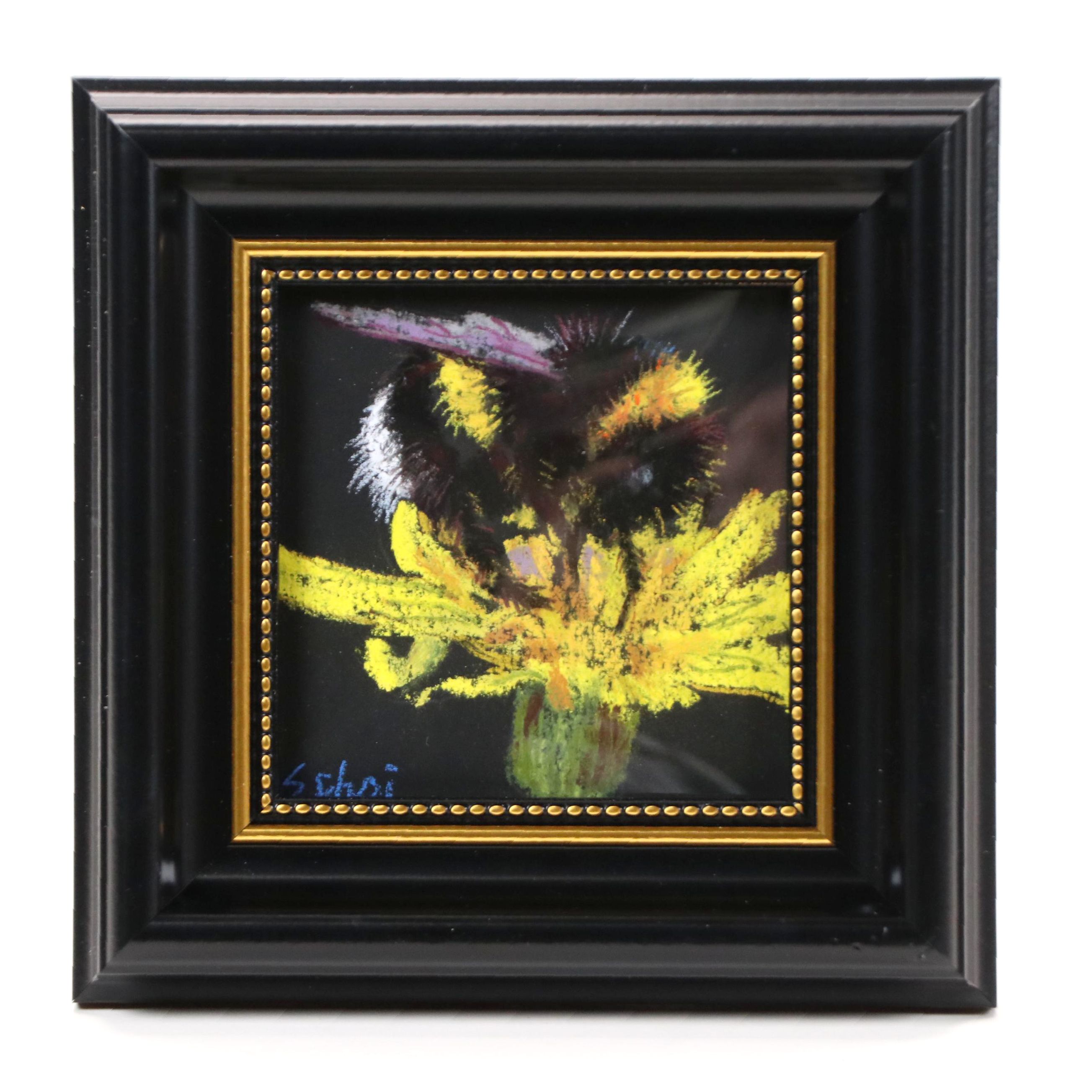 Oil Pastel Drawing of Bumblebee on Dandelion Flower, 21st Century