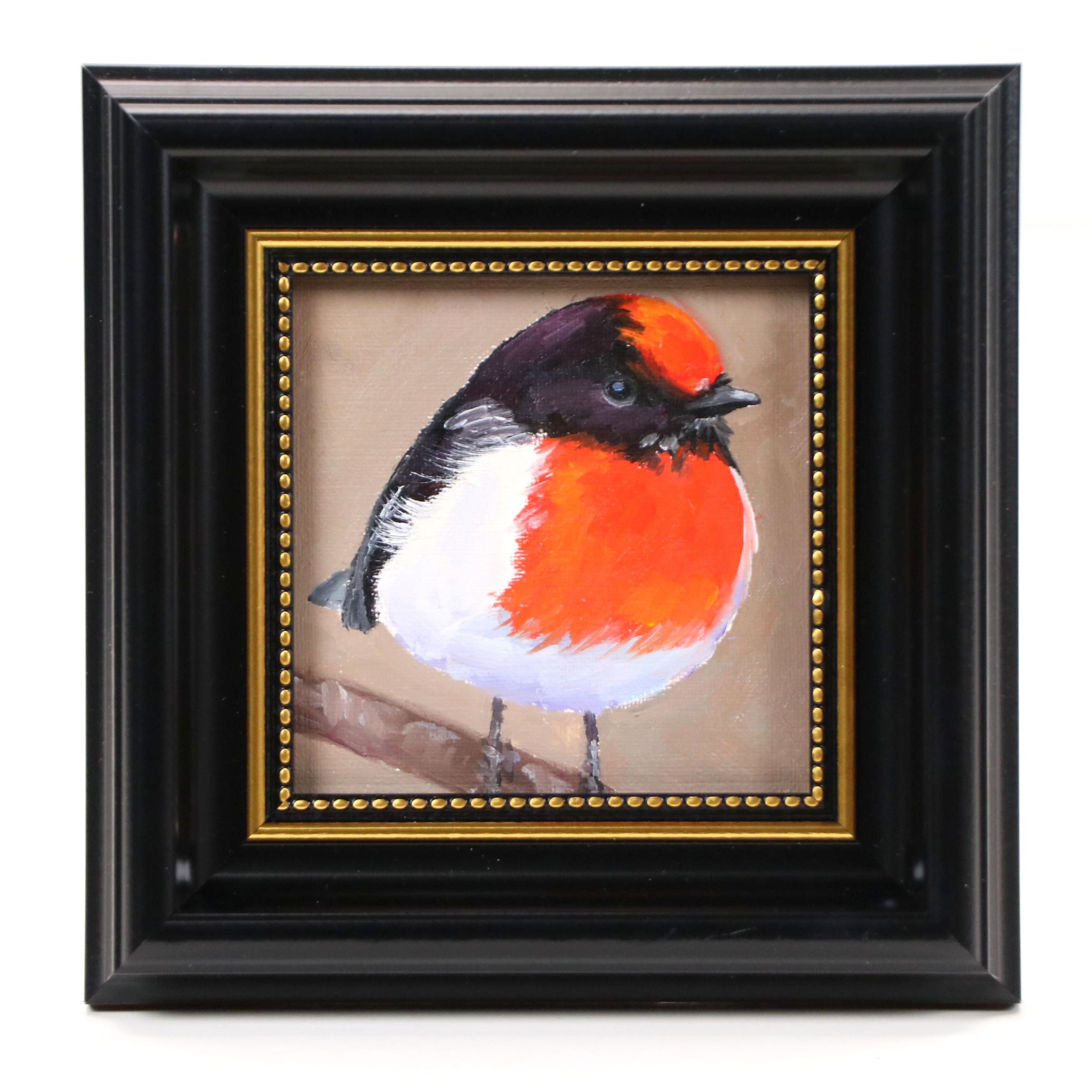 Oil Painting of Red-Capped Robin, 21st Century