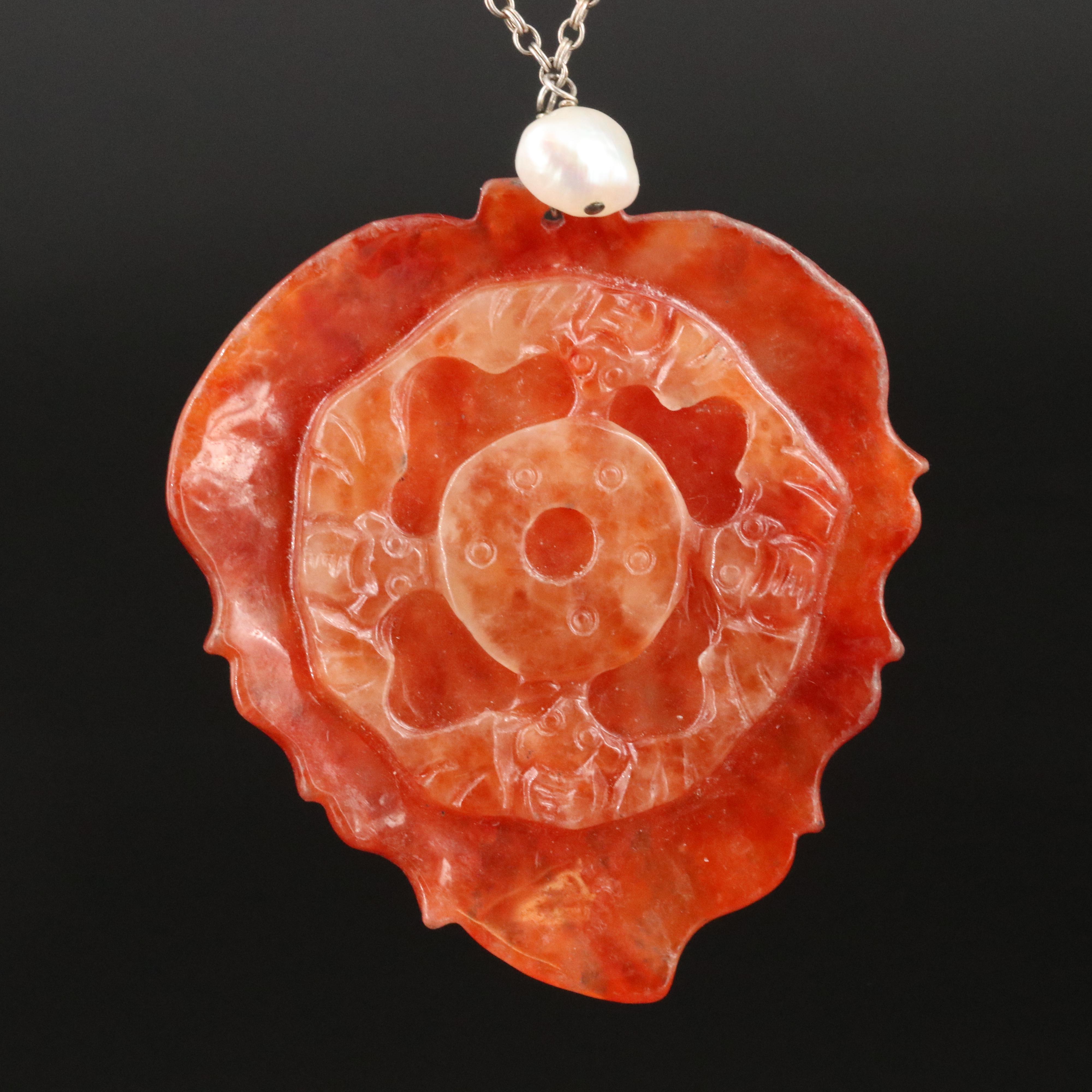 Sterling Pearl and Carved Jadeite Leaf with Bat Reversible Necklace