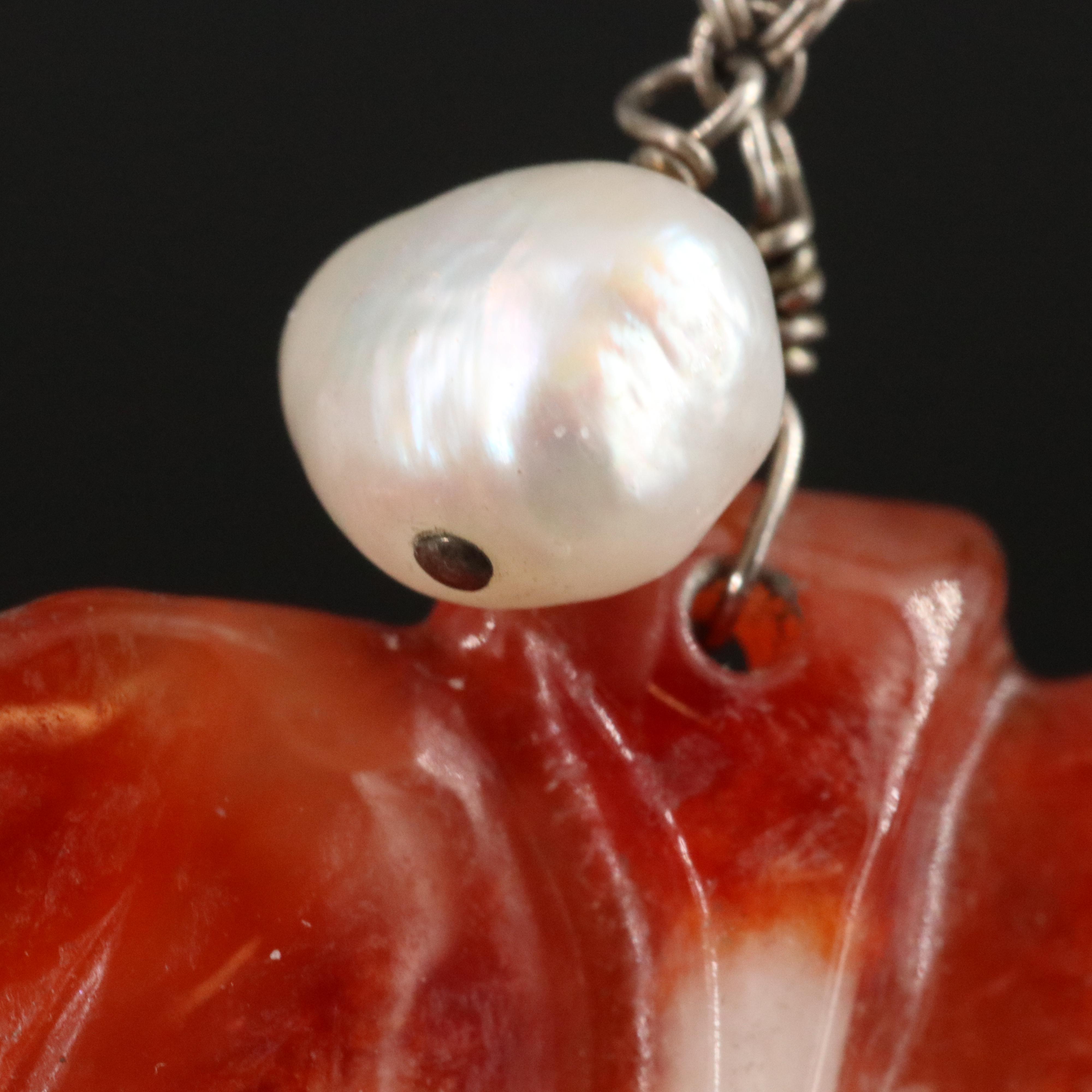 Sterling Pearl and Carved Jadeite Leaf with Bat Reversible Necklace