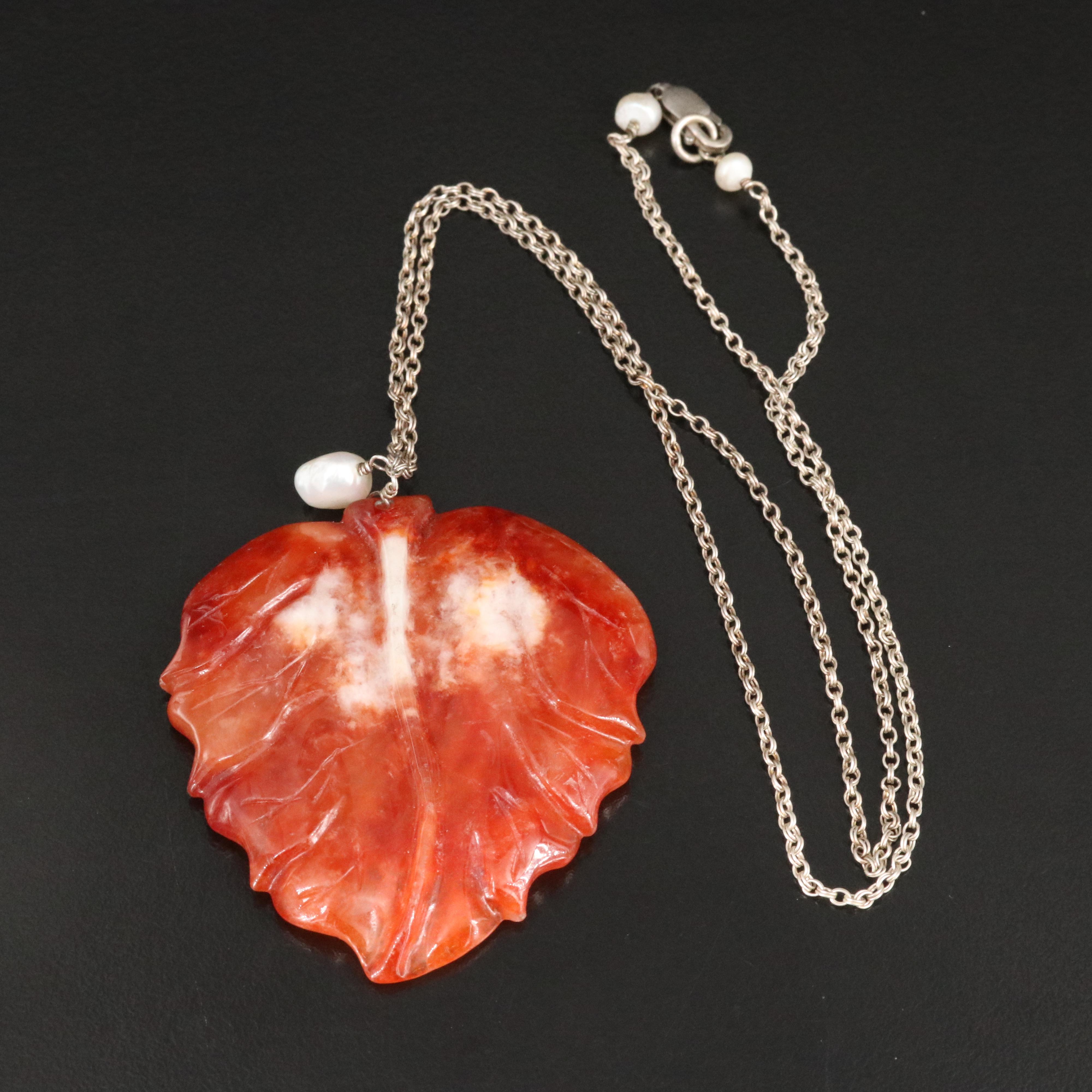 Sterling Pearl and Carved Jadeite Leaf with Bat Reversible Necklace