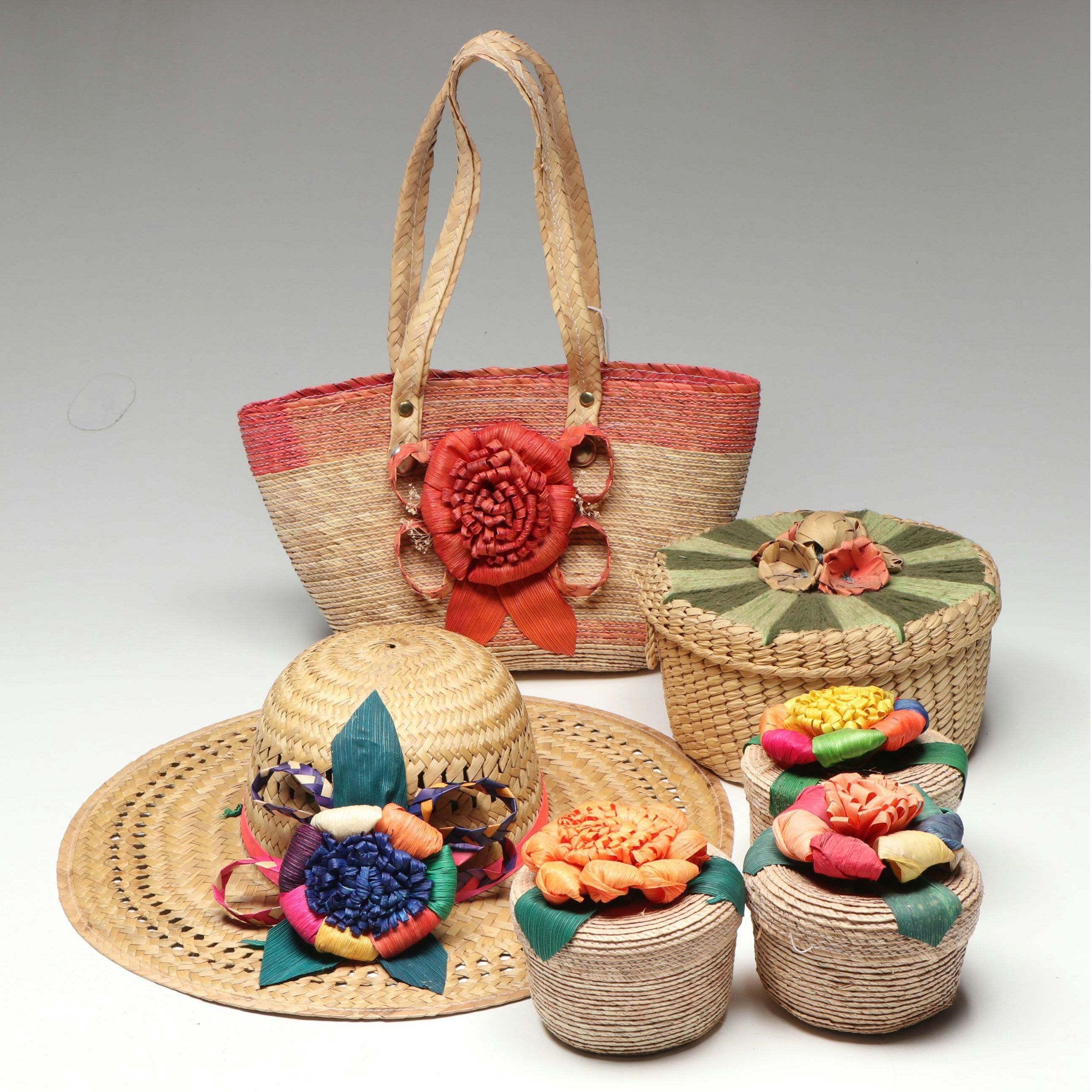 Mexican Palm and Corn Husk Hat, Purse and Round Lidded Baskets