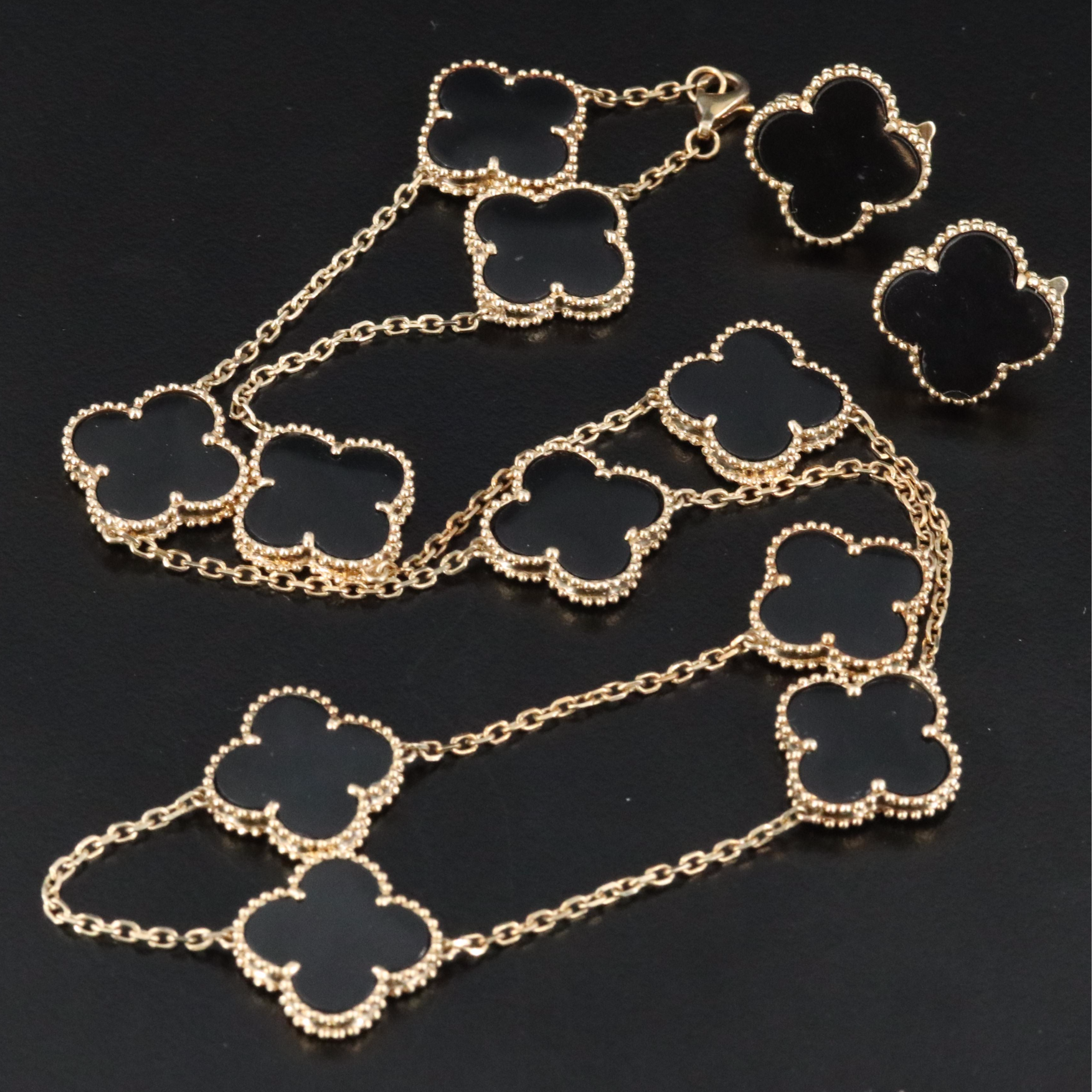 14K Imitation Black Onyx Quatrefoil Necklace and Earring Set