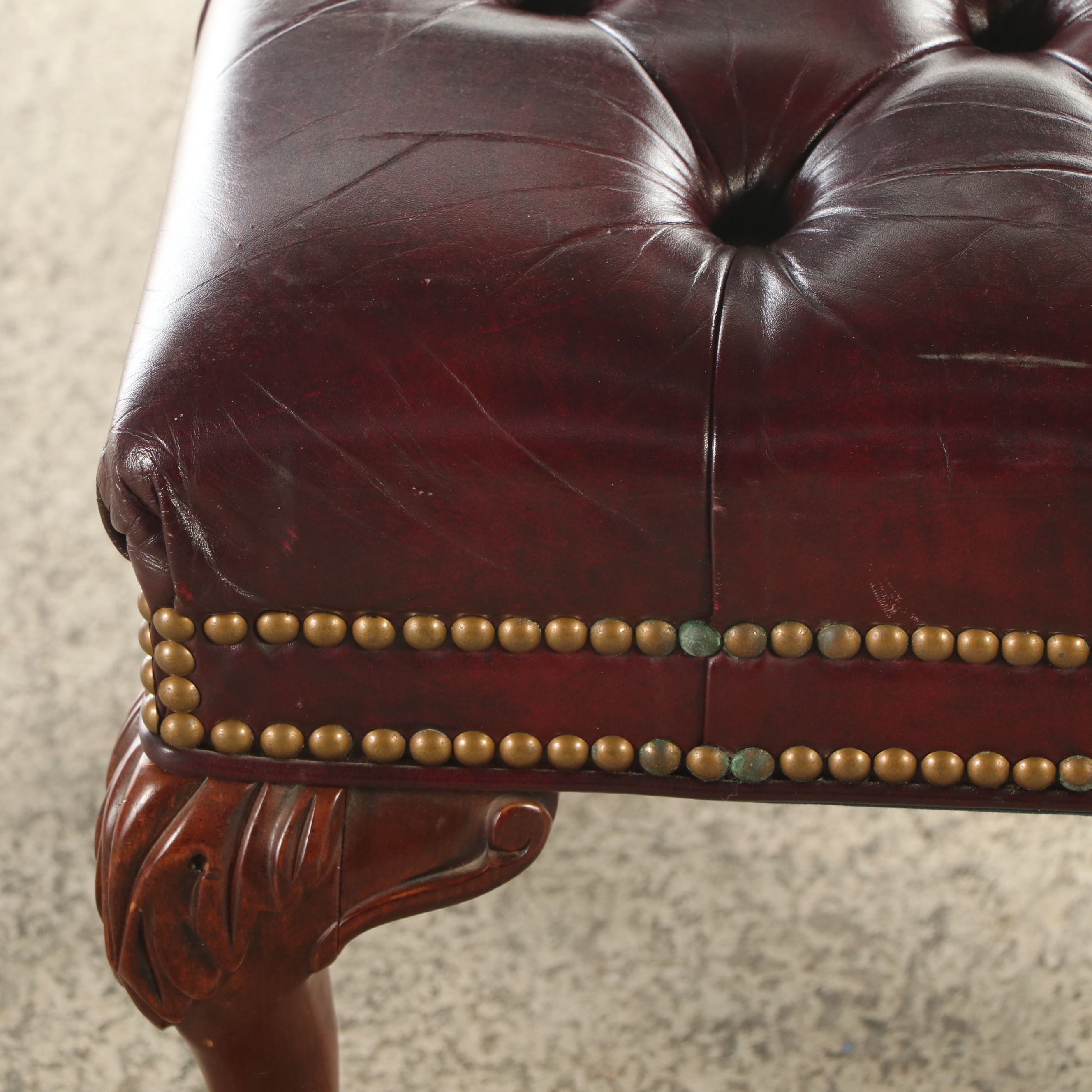 Leathercraft Chippendale Style Button Tufted Leather Footstool
