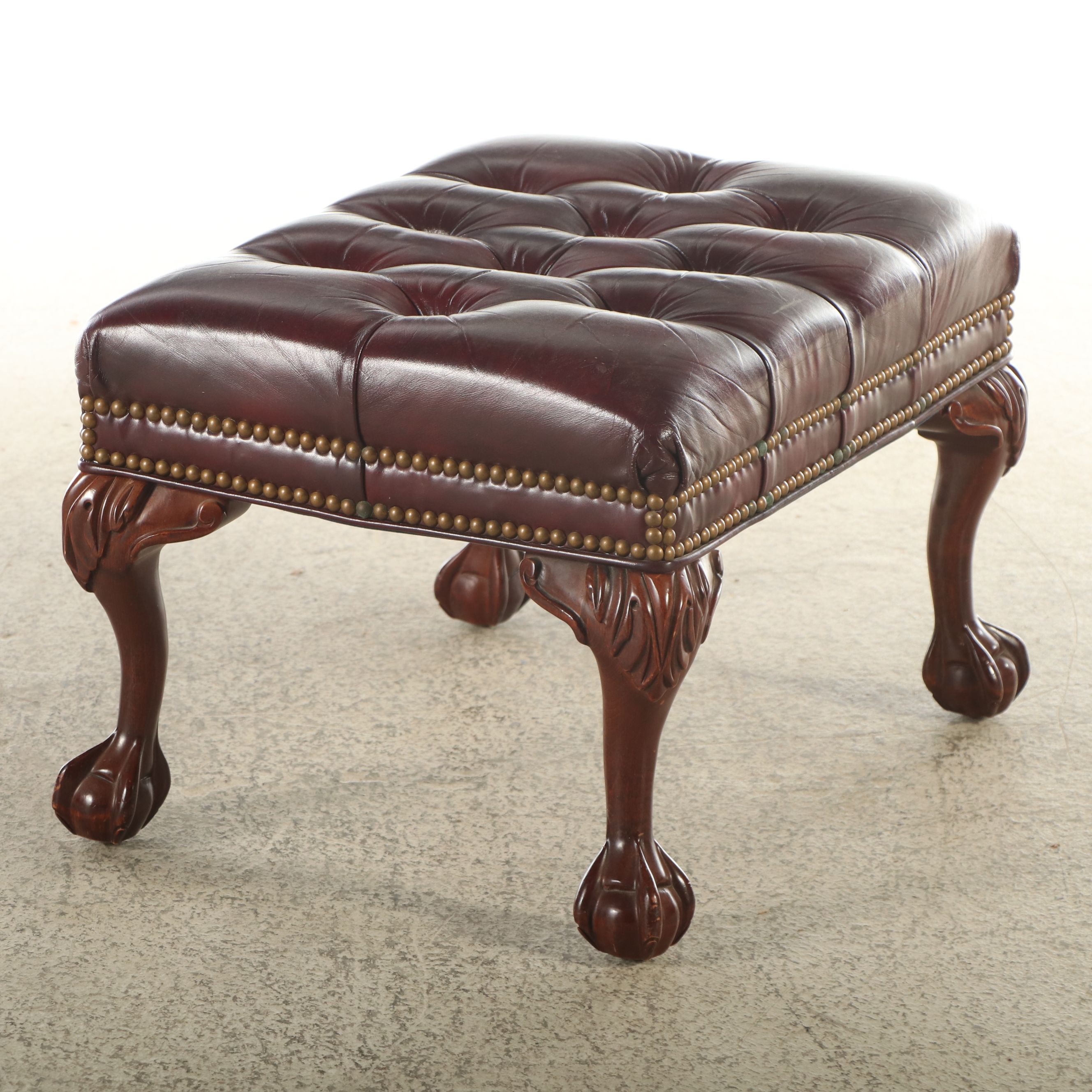 Leathercraft Chippendale Style Button Tufted Leather Footstool