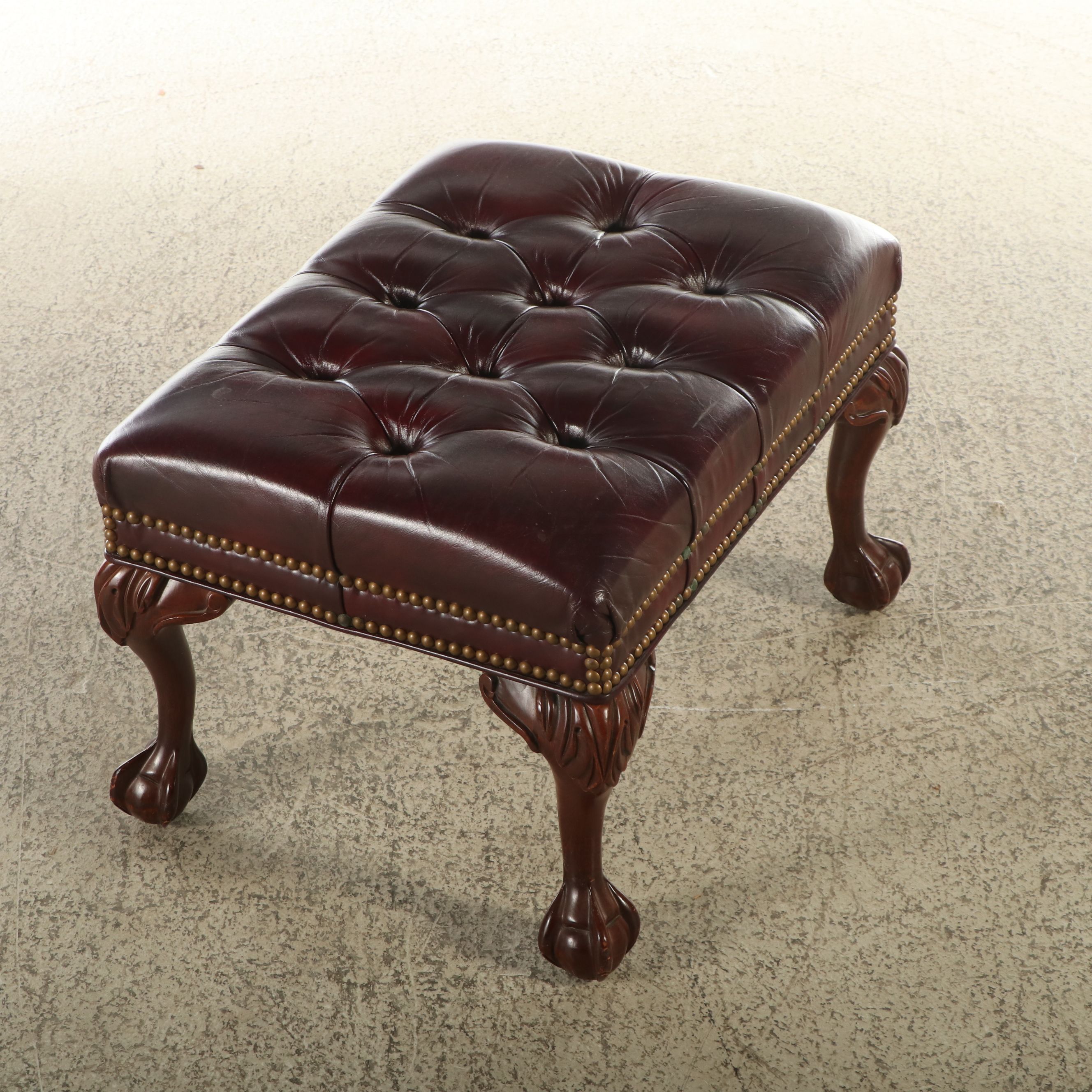 Leathercraft Chippendale Style Button Tufted Leather Footstool