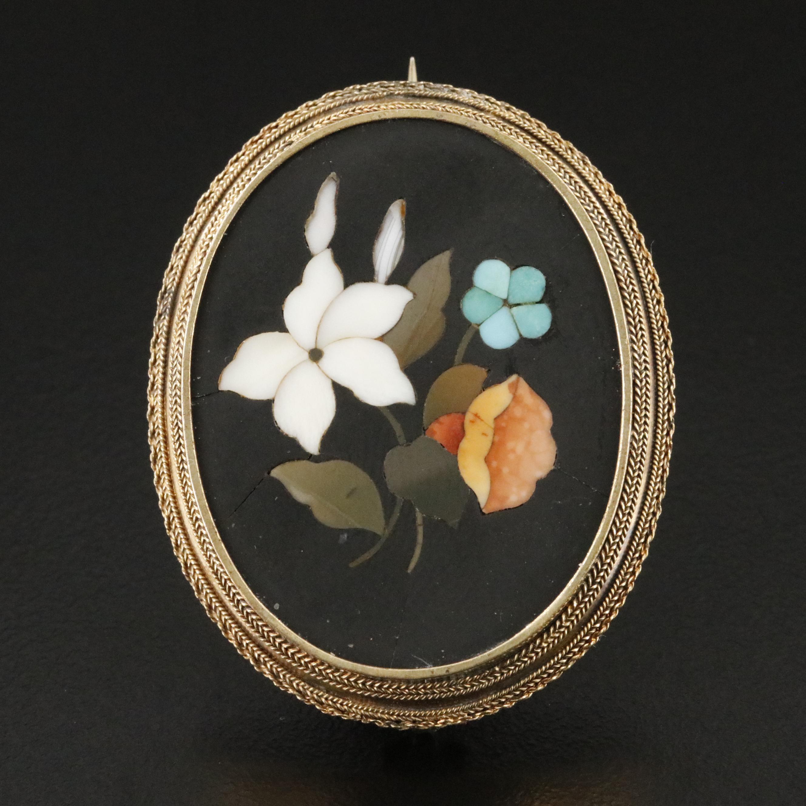 Victorian 14K Pietra Dura Floral Brooch