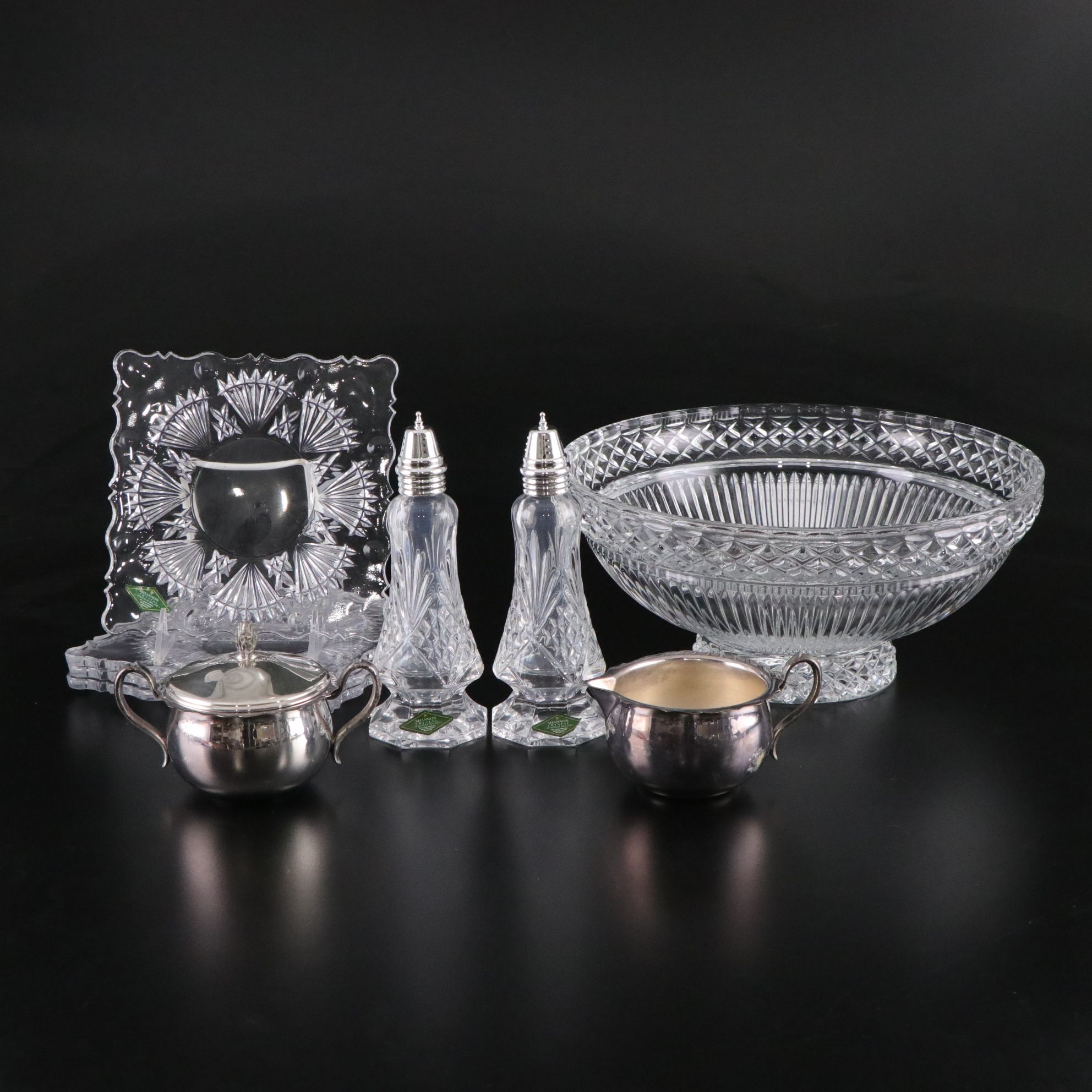 Crystal Centerpiece Bowl, Plates, and Salt and Pepper Shakers